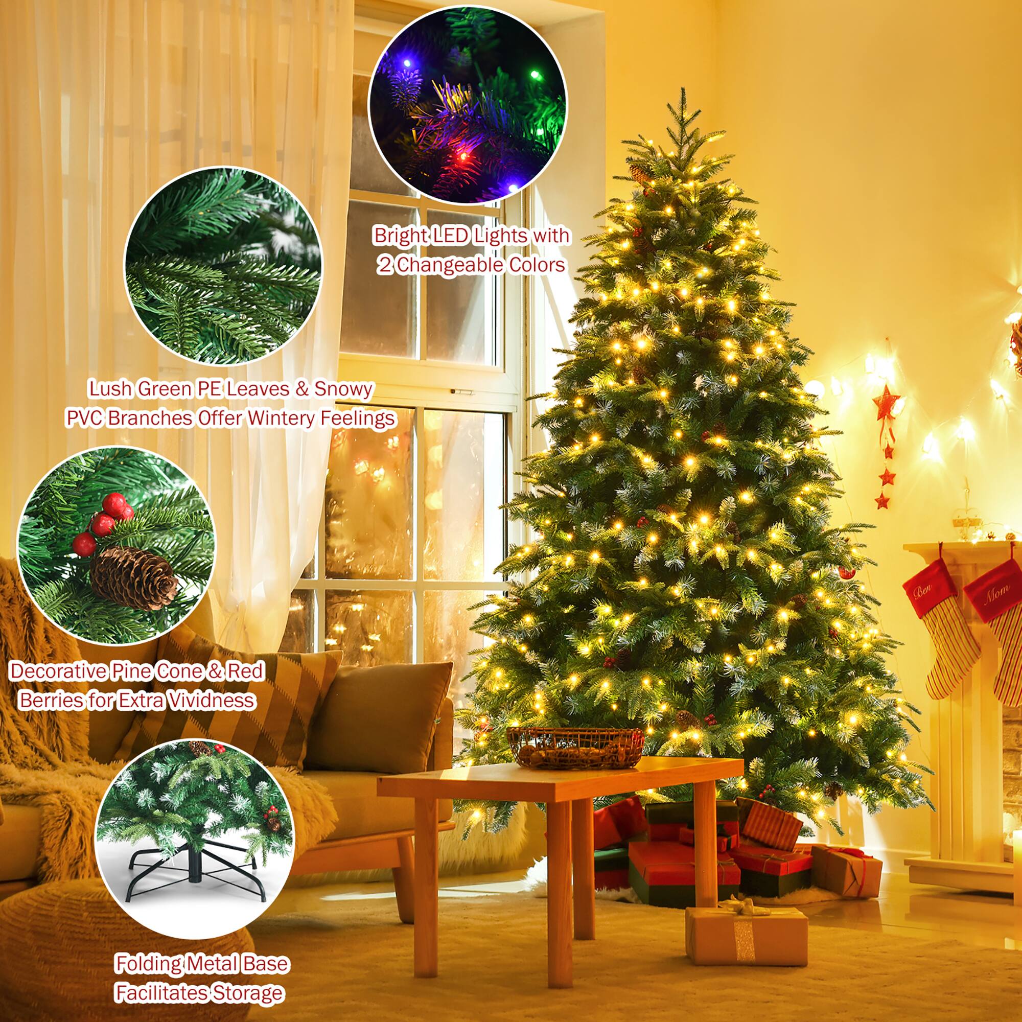 The text on the image can be grouped and corrected as follows:

1. Bright LED Lights with 2 Changeable Colors: These lights can be used to decorate the Christmas tree and create a festive atmosphere.
2. Lush Green PE Leaves & Snowy PVC Branches: These decorations can be used to add a touch of nature and wintery feel to the Christmas tree.
3. Decorative Pine Cone & Red Berries: These decorations can be used to enhance the visual appeal of the Christmas tree and create a more vibrant and festive look.
4. Folding Metal Base: This base can be used to provide stability and support for the Christmas tree, making it easier to set up and maintain.
5. Facilitates Storage: The Christmas tree and its decorations can be stored in a designated area, making it easy to keep the tree and decorations organized and protected.