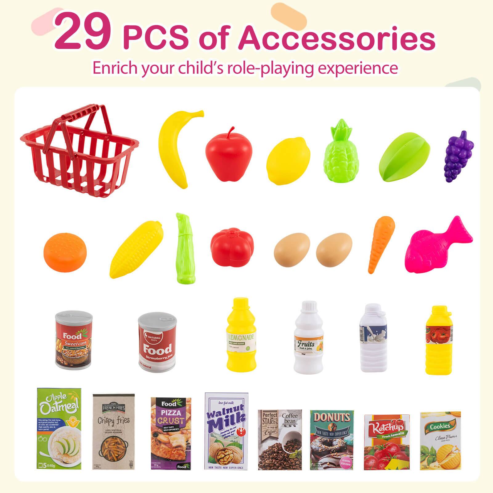 29 PCS of Accessories  
Enrich your child's role-playing experience  

- Food Sweetcorn  
- Food Strawberries  
- LEMONADE  
- Fruits  
- Apple  
- Oatmeal  
- Crispy fries  
- PIZZA CRUST  
- Walnut Milk  
- Coffee  
- DONUTS  
- Retchup  
- Cookies  
- Clementine  
- Am fond