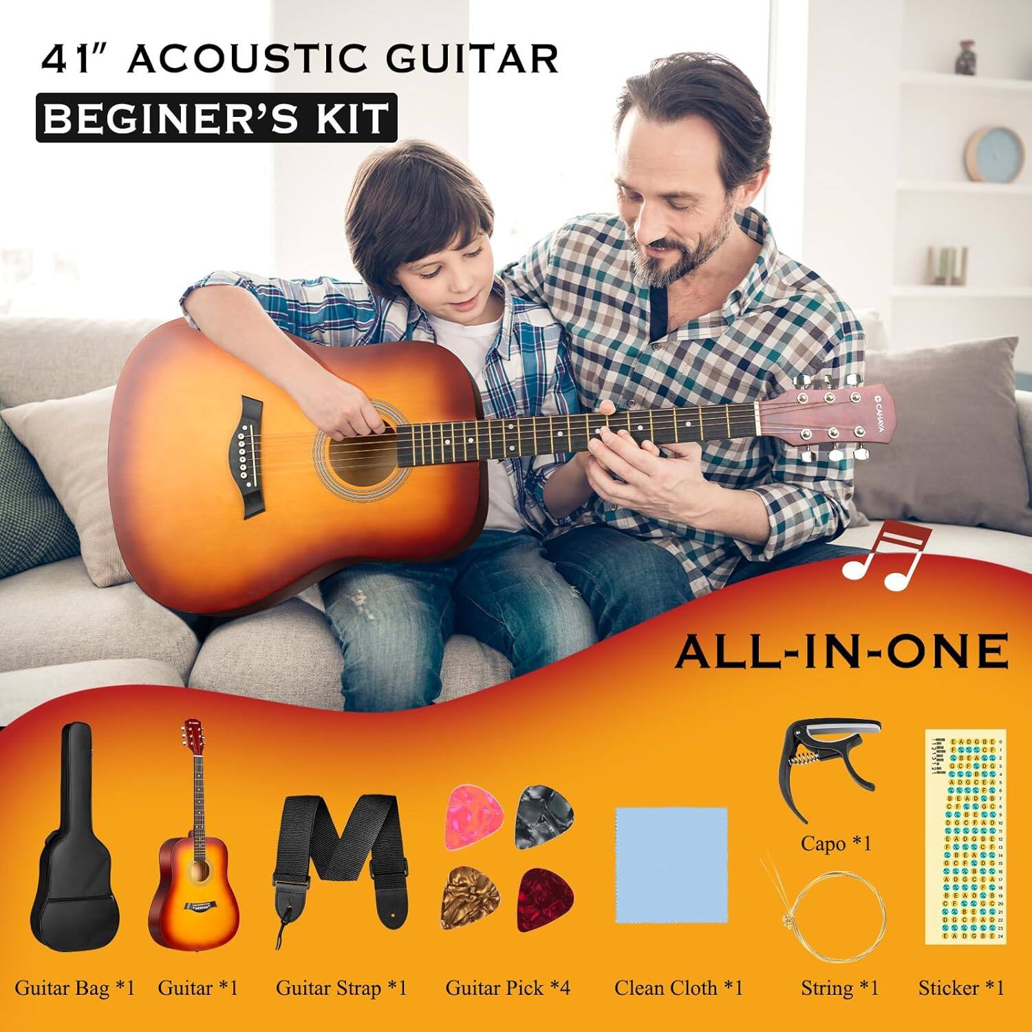 41" ACOUSTIC GUITAR BEGINER'S KIT

ALL-IN-ONE

Guitar Bag *1  
Guitar *1  
Guitar Strap *1  
Guitar Pick *4  
Clean Cloth *1  
Capo *1  
String *1  
Sticker *1