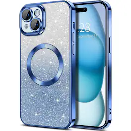 Entronix - Magnetic Case for iPhone 14 - Clear Back Luxury Glossy Cover - Glitter Blue