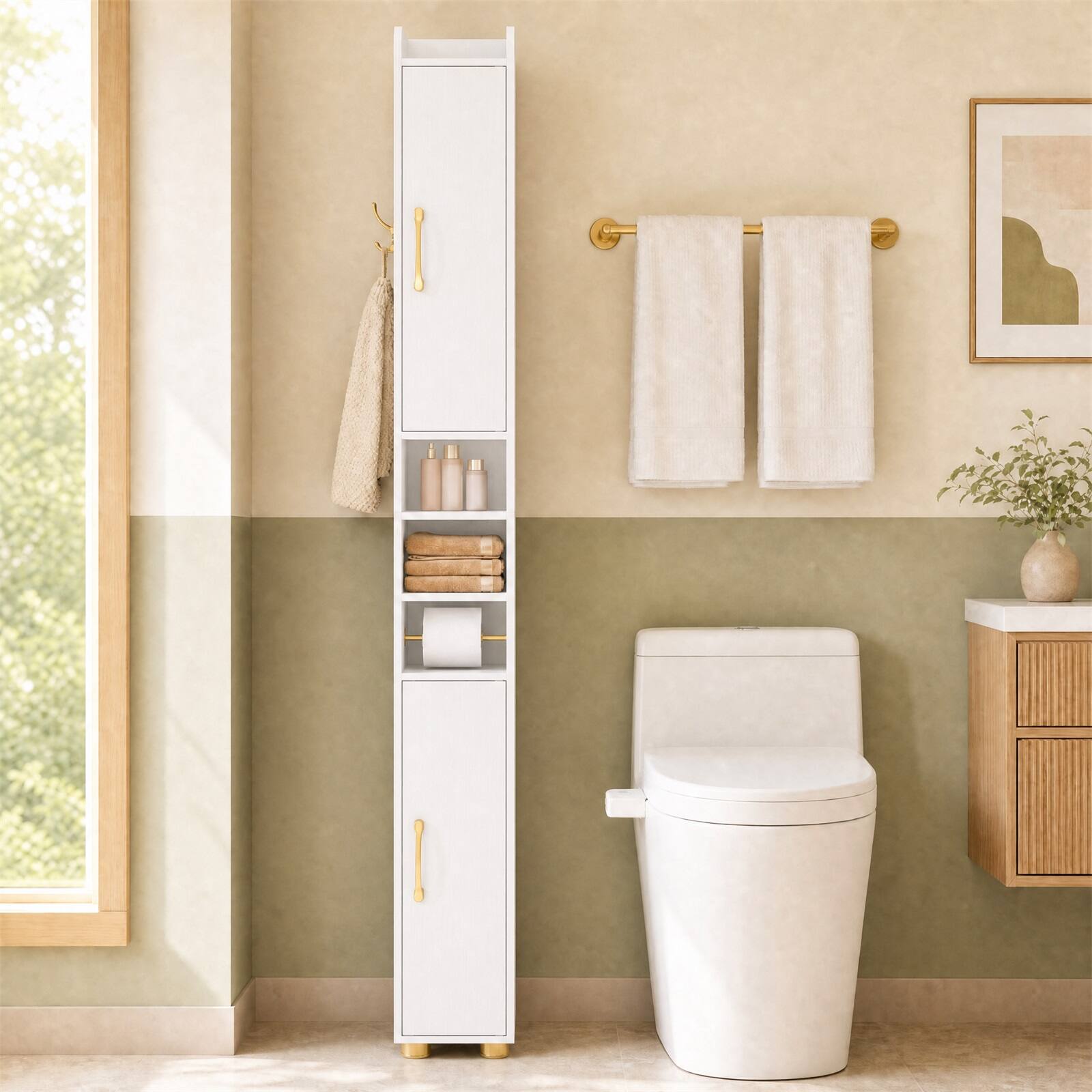 Alt View 3. Costway - Costway 2 PCS Narrow Bathroom Storage Cabinet with Doors 2 Open Shelves Toilet Paper Holder - White.