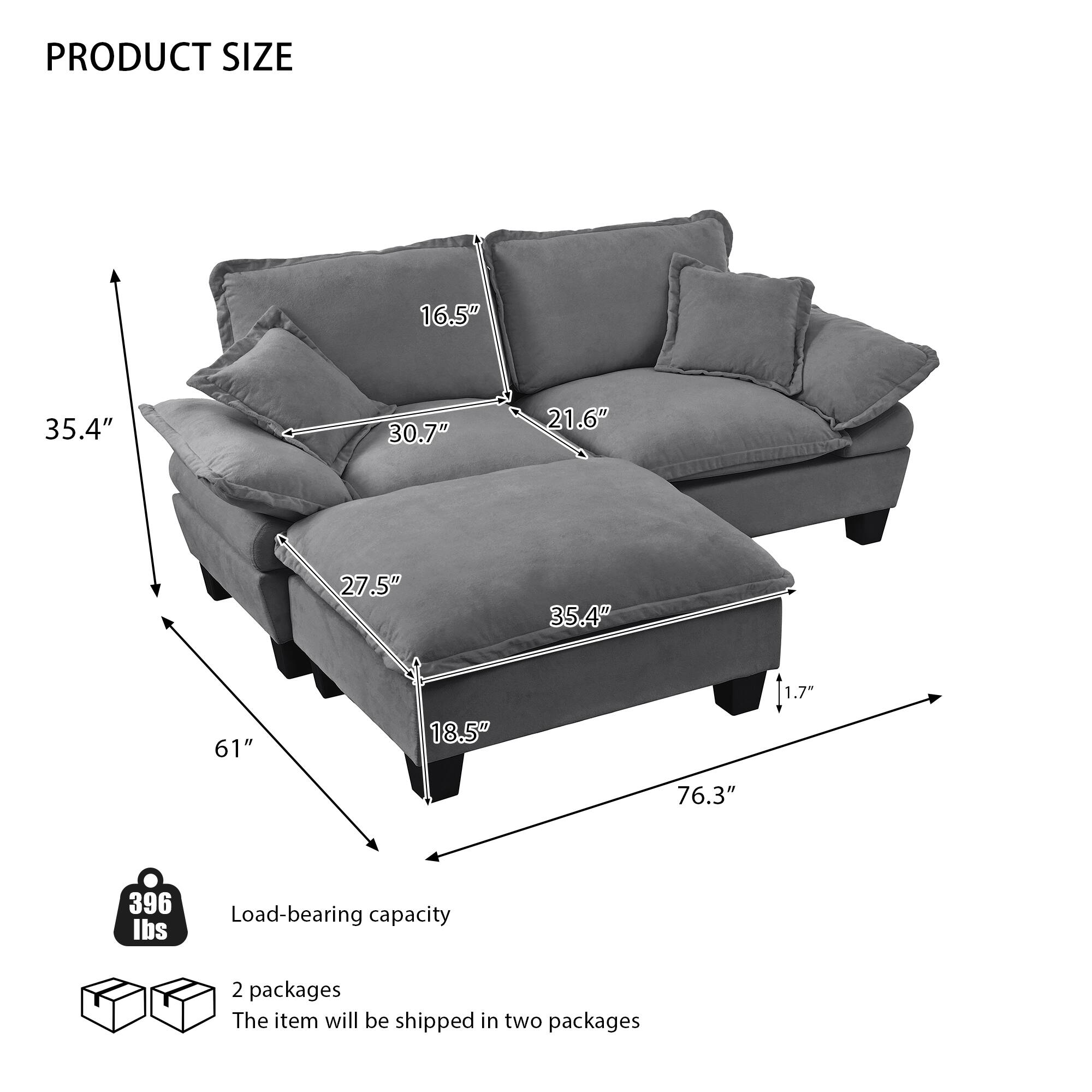 PRODUCT SIZE  
16.5" x 35.4" x 30.7" x 21.6" x 27.5" x 35.4" x 61" x 18.5" x 1.7" x 76.3"  
Load-bearing capacity: 396 lbs  
2 packages  
The item will be shipped in two packages