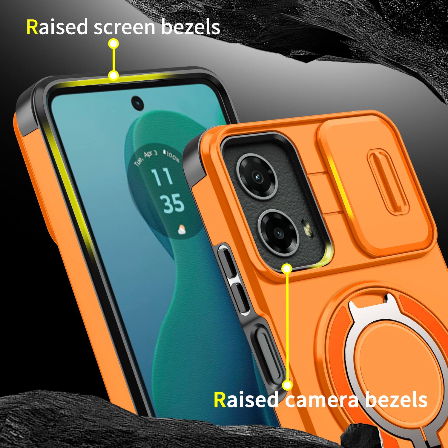 Raised screen bezels  
Raised camera bezels