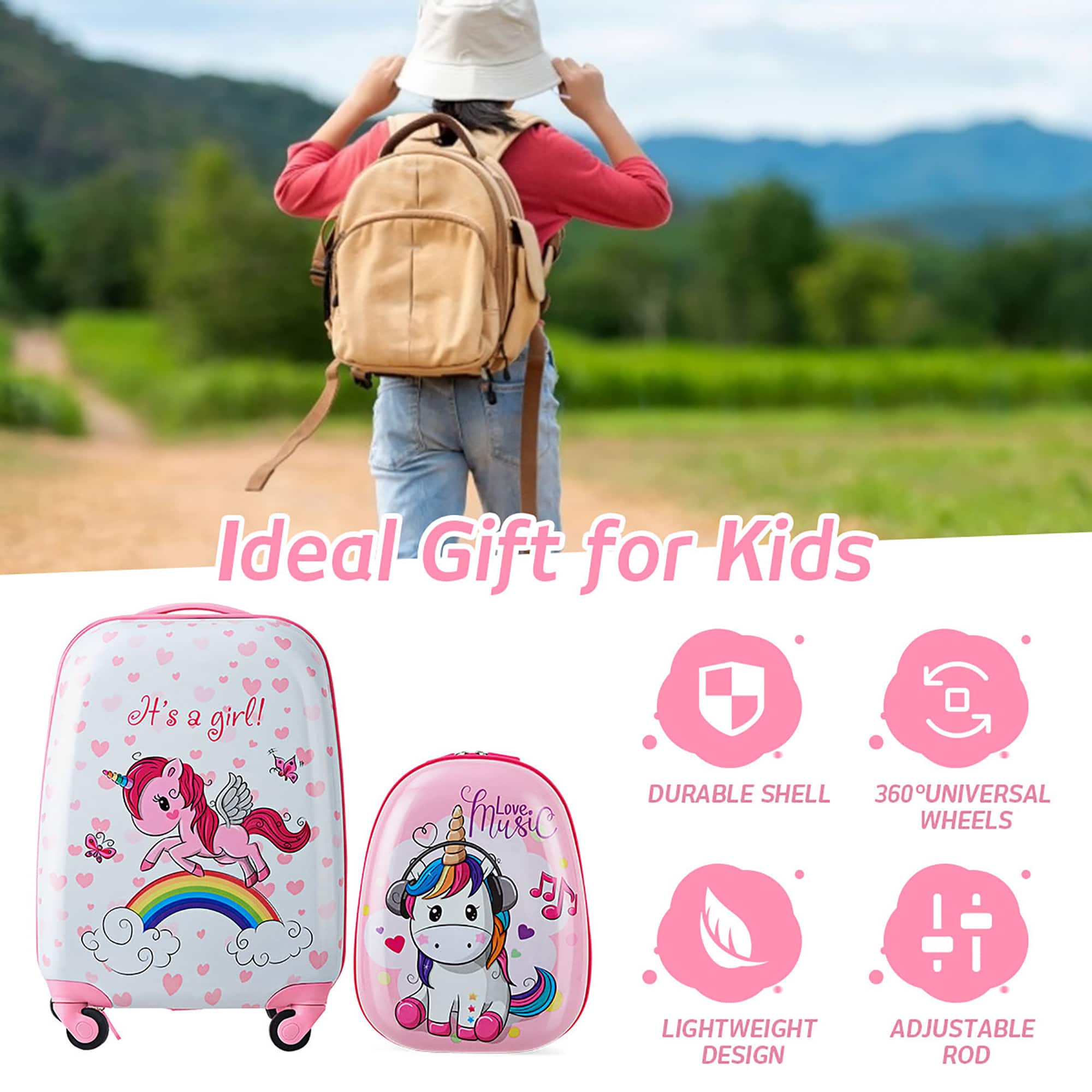 Ideal Gift for Kids: It's a Girl! Hisic durable shell, 360 universal wheels, lightweight, adjustable design, rod.