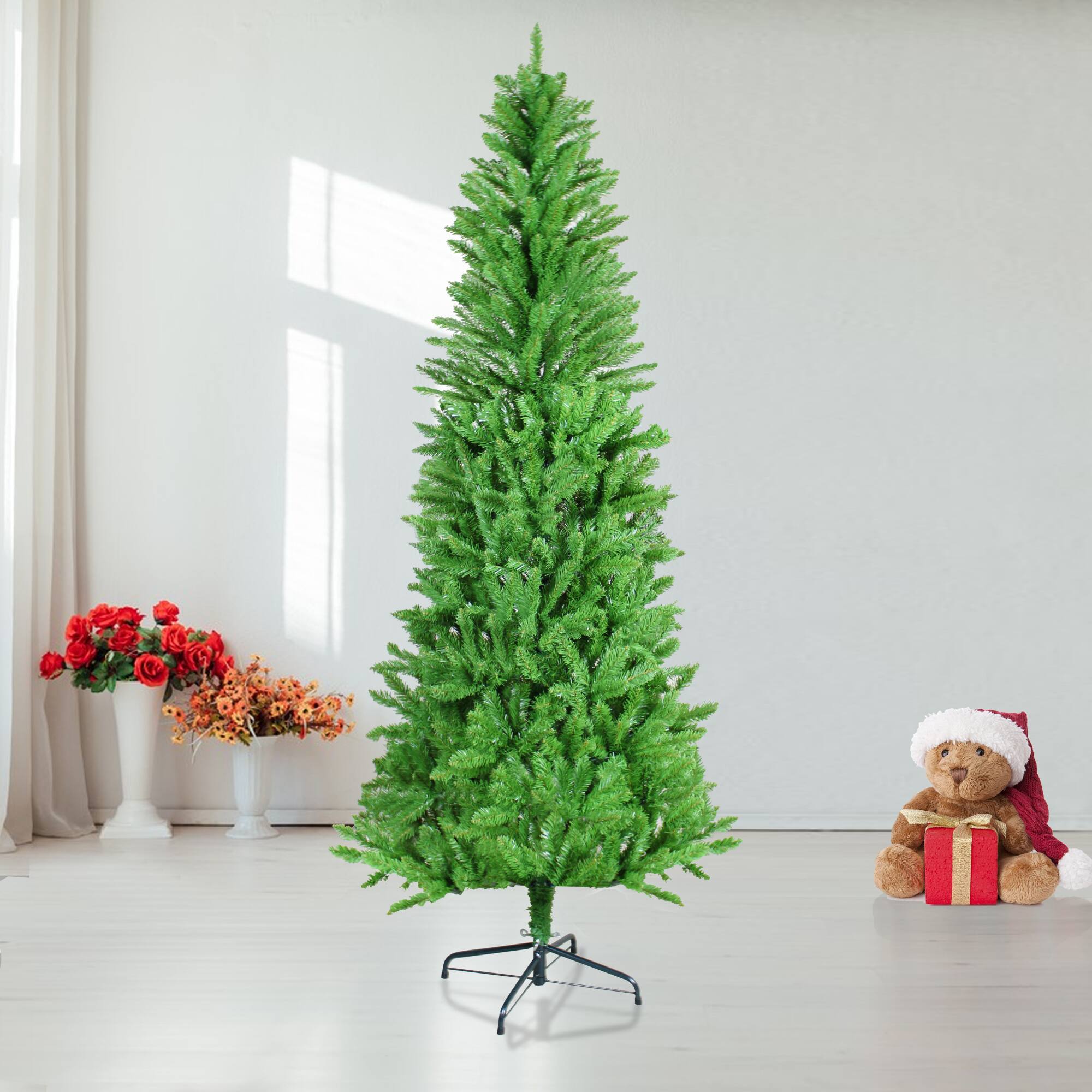 Angle. ELEMENT ACE - 7-Foot Classic Pencil Christmas Tree with Dense Branches for Realistic Holiday Decorations in Small Spaces - Green.
