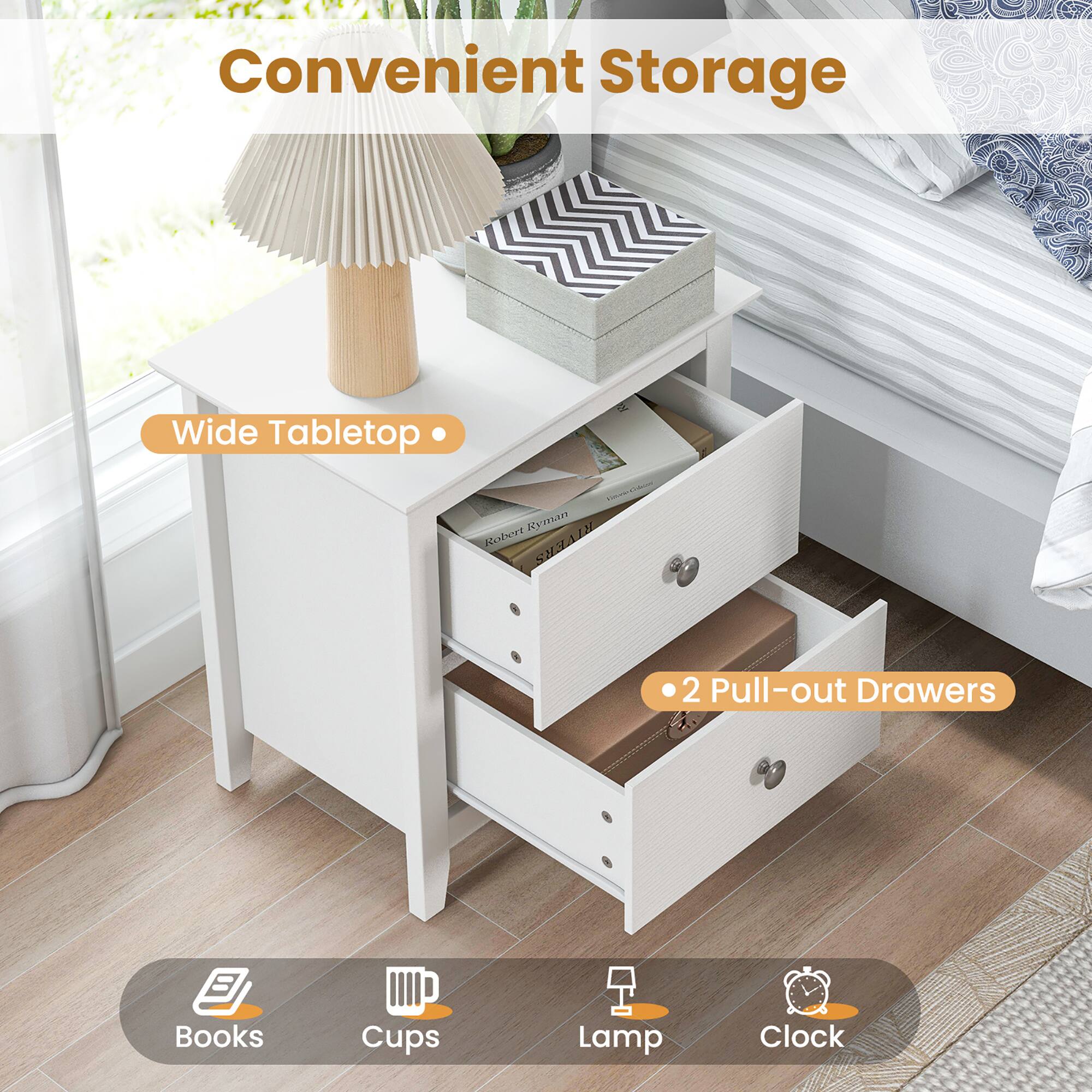 Convenient Storage Wide Tabletop 2 Pull-out Drawers Books Cups Lamp Clock