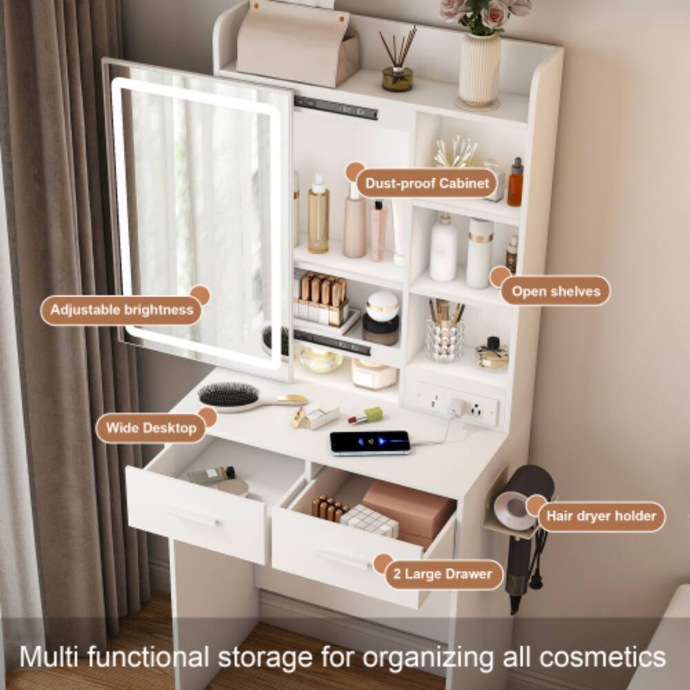 Dust-proof Cabinet  
Adjustable brightness  
Open shelves  
Wide Desktop  
Hair dryer holder  
2 Large Drawer  
Multi functional storage for organizing all cosmetics