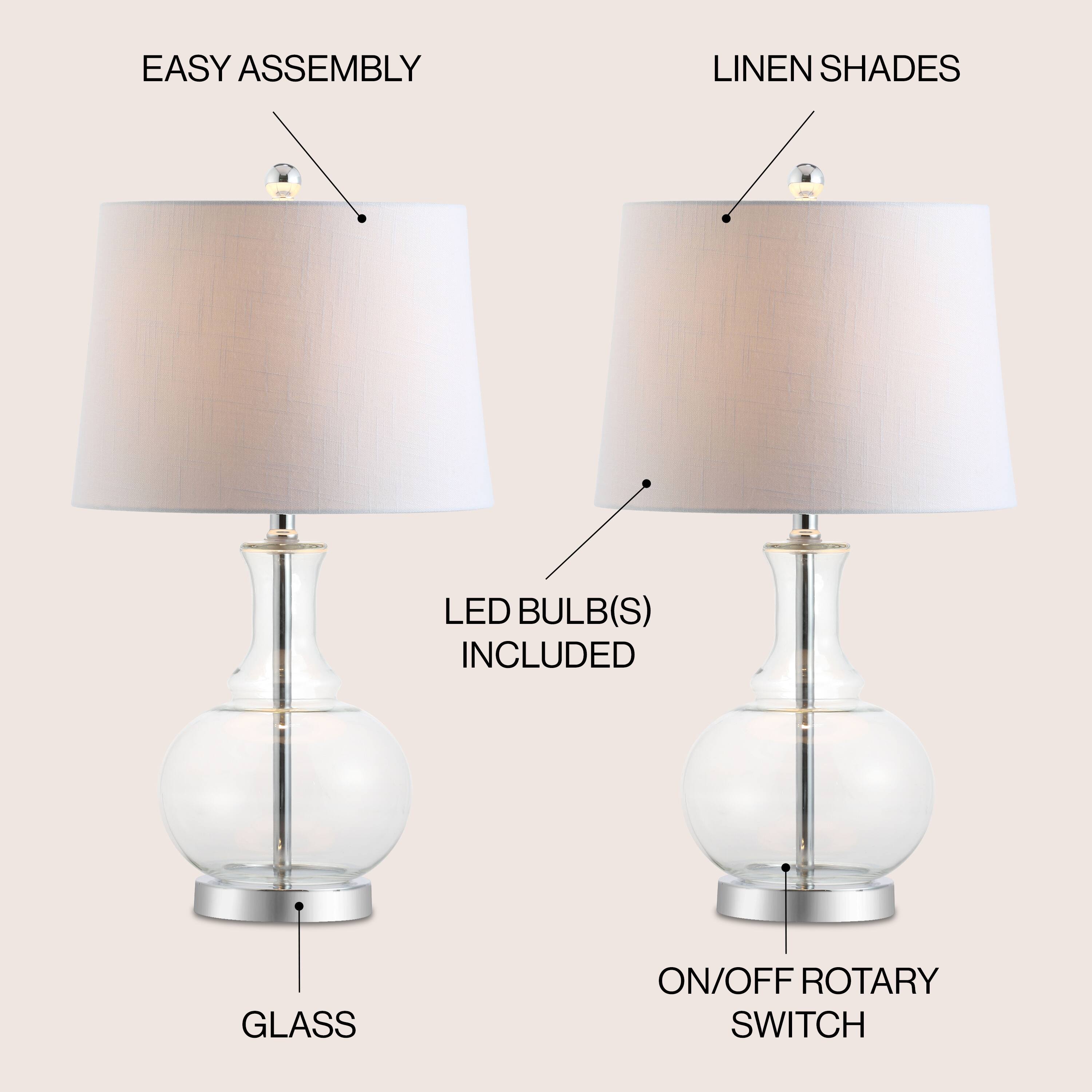 EASY ASSEMBLY  
LINEN SHADES  
LED BULB(S) INCLUDED  
GLASS  
ON/OFF ROTARY SWITCH