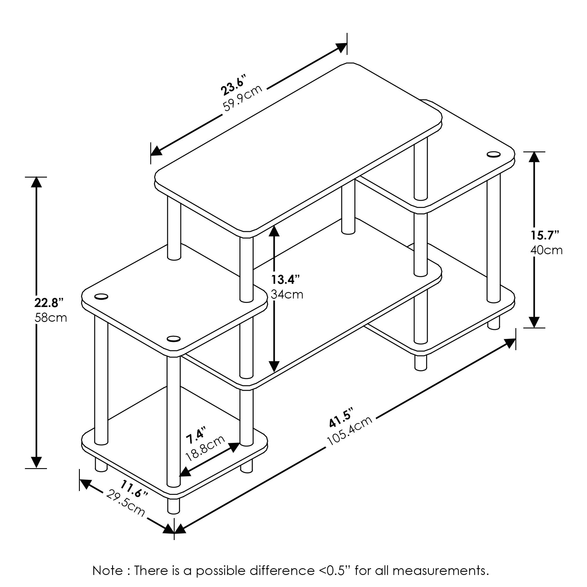23.6" 59.9cm  
15.7" 40cm  
22.8" 58cm  
13.4" 34cm  
11.6" 29.5cm  
7.4" 18.8cm  
41.5" 105.4cm  

Note: There is a possible difference <0.5" for all measurements.