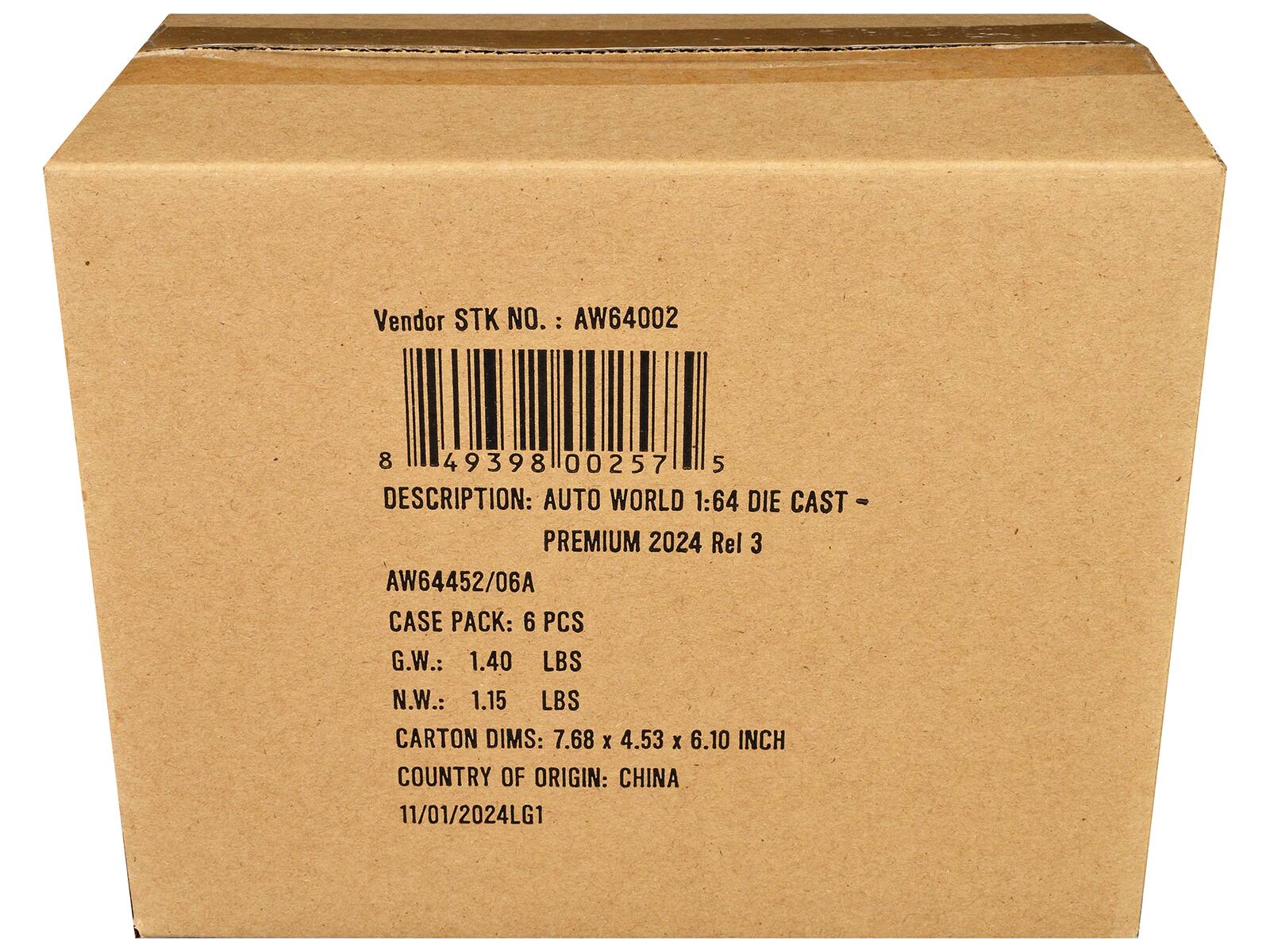 Vendor STK NO.: AW64002  
DESCRIPTION: AUTO WORLD 1:64 DIE CAST - PREMIUM 2024 Rel 3  
AW64452/06A  
CASE PACK: 6 PCS  
G.W.: 1.40 LBS  
N.W.: 1.15 LBS  
CARTON DIMS: 7.68 X 4.53 X 6.10 INCH  
COUNTRY OF ORIGIN: CHINA  
11/01/2024LG1