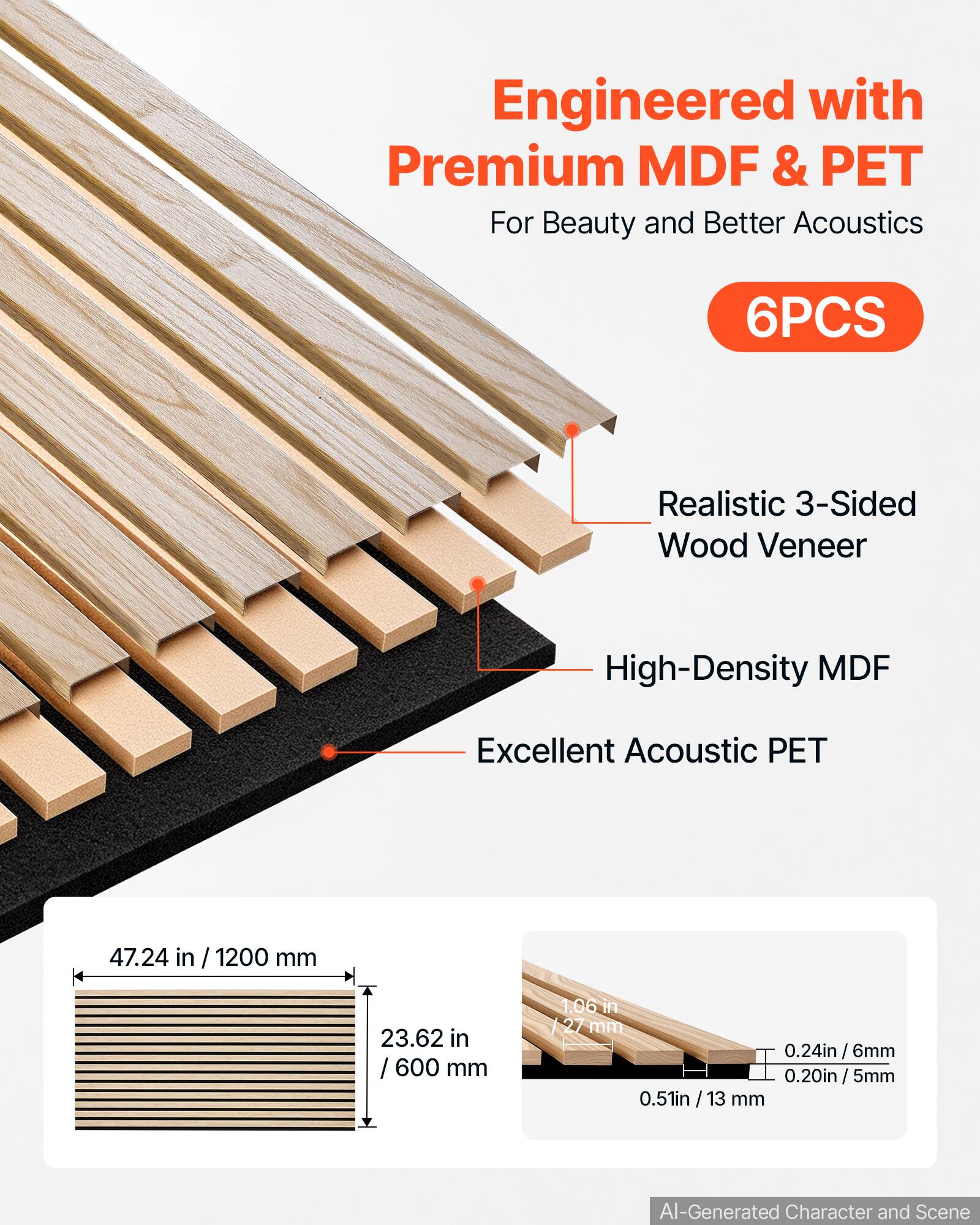 Engineered with Premium MDF & PET For Beauty and Better Acoustics

6PCS

Realistic 3-Sided Wood Veneer

High-Density MDF

Excellent Acoustic PET

47.24 in / 1200 mm

23.62 in / 600 mm

1.06 in / 27 mm

0.24 in / 6 mm

0.20 in

0.51 in / 13 mm

AI-Generated Character and Scene