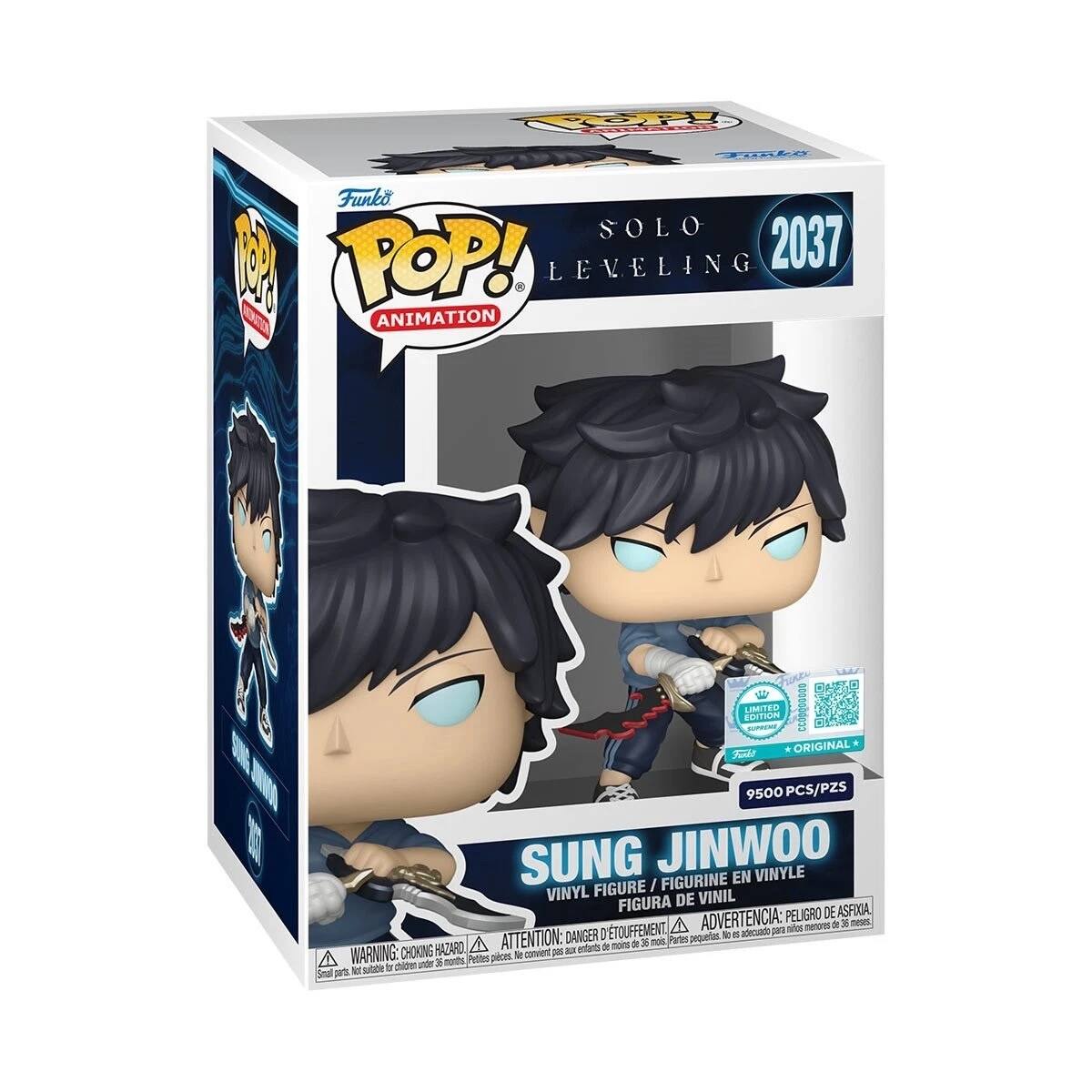 Funko POP!  
ANIMATION  

SOLO LEVELING  
2037  

SUNG JINWOO  
VINYL FIGURE / FIGURINE EN VINYLE / FIGURA DE VINIL  

LIMITED EDITION  
ORIGINAL  

9500 PCS/PZS  

WARNING: CHOKING HAZARD  
ATTENTION: DANGER D'ÉTOUFFEMENT  
ADVERTENCIA: PELIGRO DE ASFIXIA  

Small parts. Not for children under 3 years.  
Pequeñas piezas. No apto para menores de 3 años.  
Peu de pièces. Ne convient pas aux enfants de moins de 3 ans.