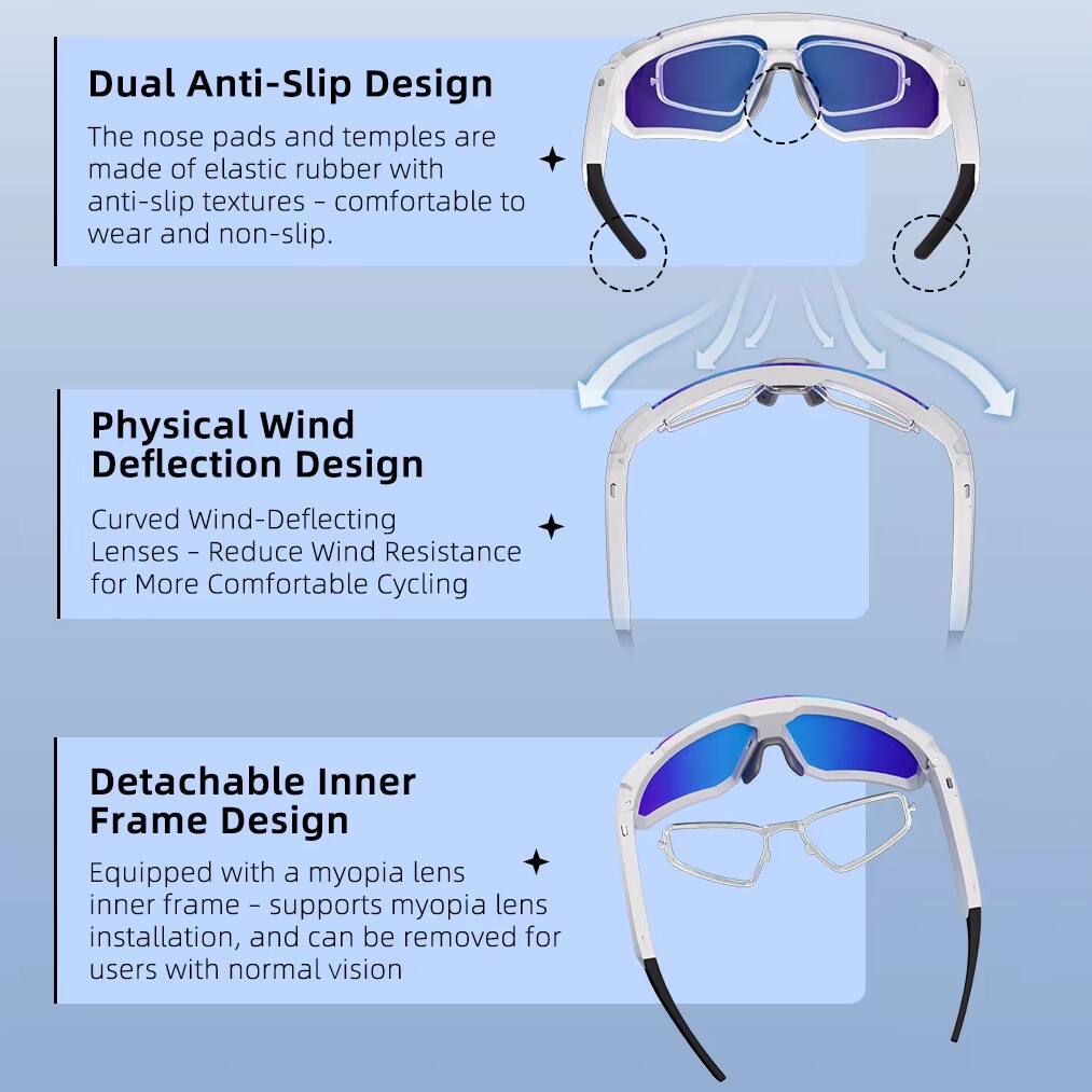 Dual Anti-Slip Design  
The nose pads and temples are made of elastic rubber with anti-slip textures - comfortable to wear and non-slip.  

Physical Wind Deflection Design  
Curved Wind-Deflecting Lenses - Reduce Wind Resistance for More Comfortable Cycling  

Detachable Inner Frame Design  
Equipped with a myopia lens inner frame - supports myopia lens installation, and can be removed for users with normal vision