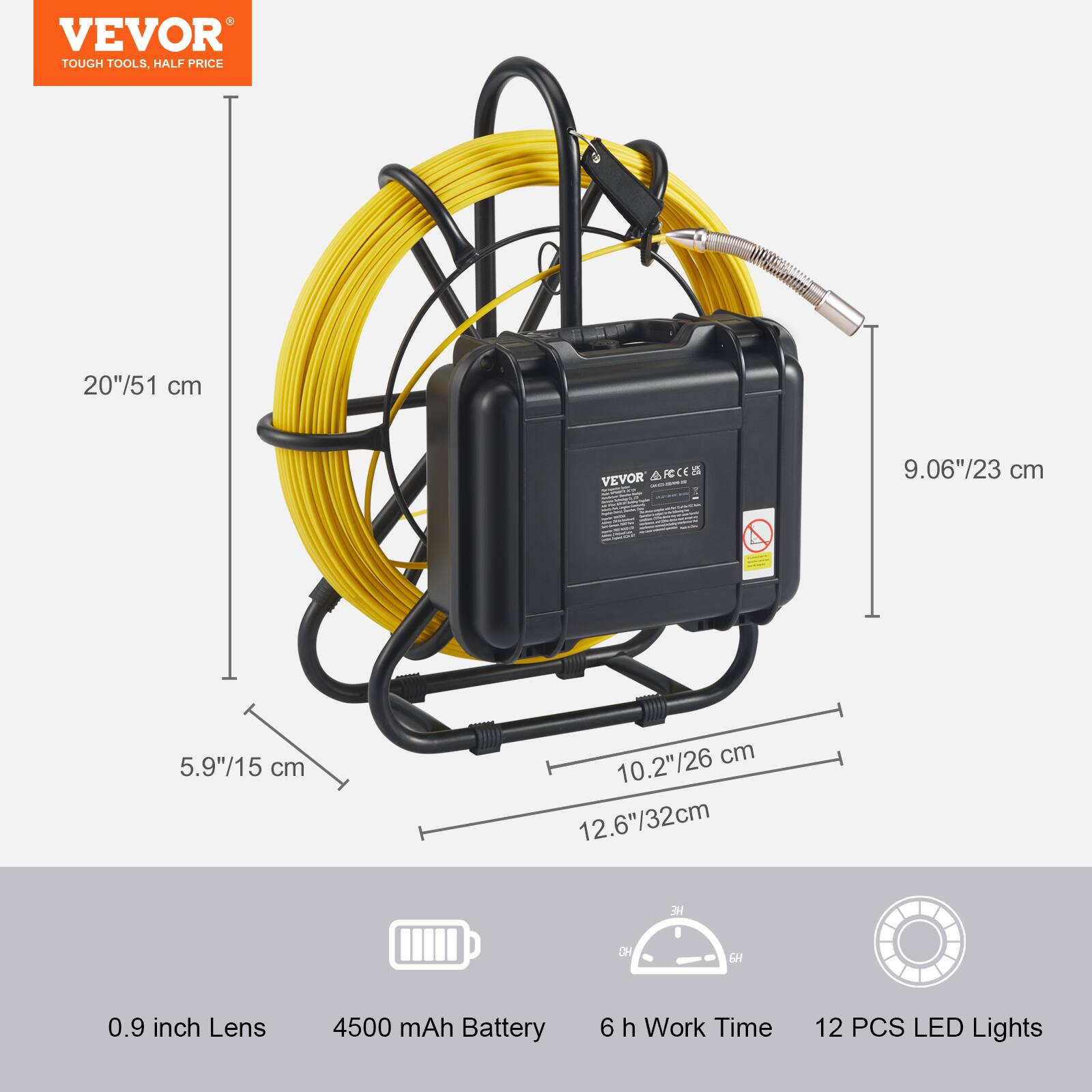 VEVOR TOUGH TOOLS, HALF PRICE

20"/51 cm

VEVOR ACE

9.06"/23 cm

5.9"/15 cm

10.2"/26 cm

12.6"/32 cm

0.9 inch Lens

4500 mAh Battery

6 h Work Time

12 PCS LED Lights