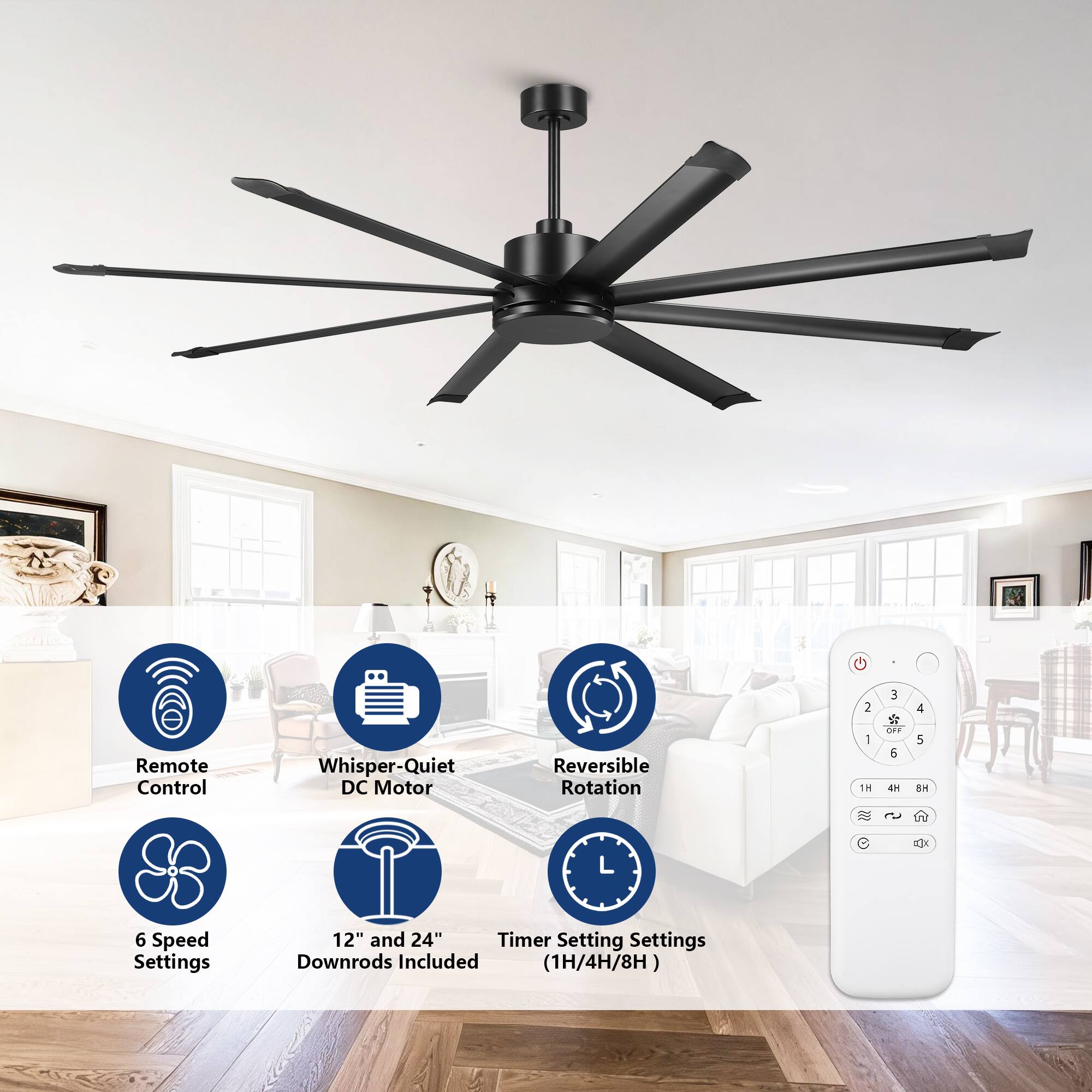 C Remote Control Whisper-Quiet DC Motor Reversible Rotation 2 1 1H 3  OFF 6 4H 4 5 BH RE 2    6 Speed Settings 12" and 24" Timer Setting Settings Downrods Included (1H/4H/8H)