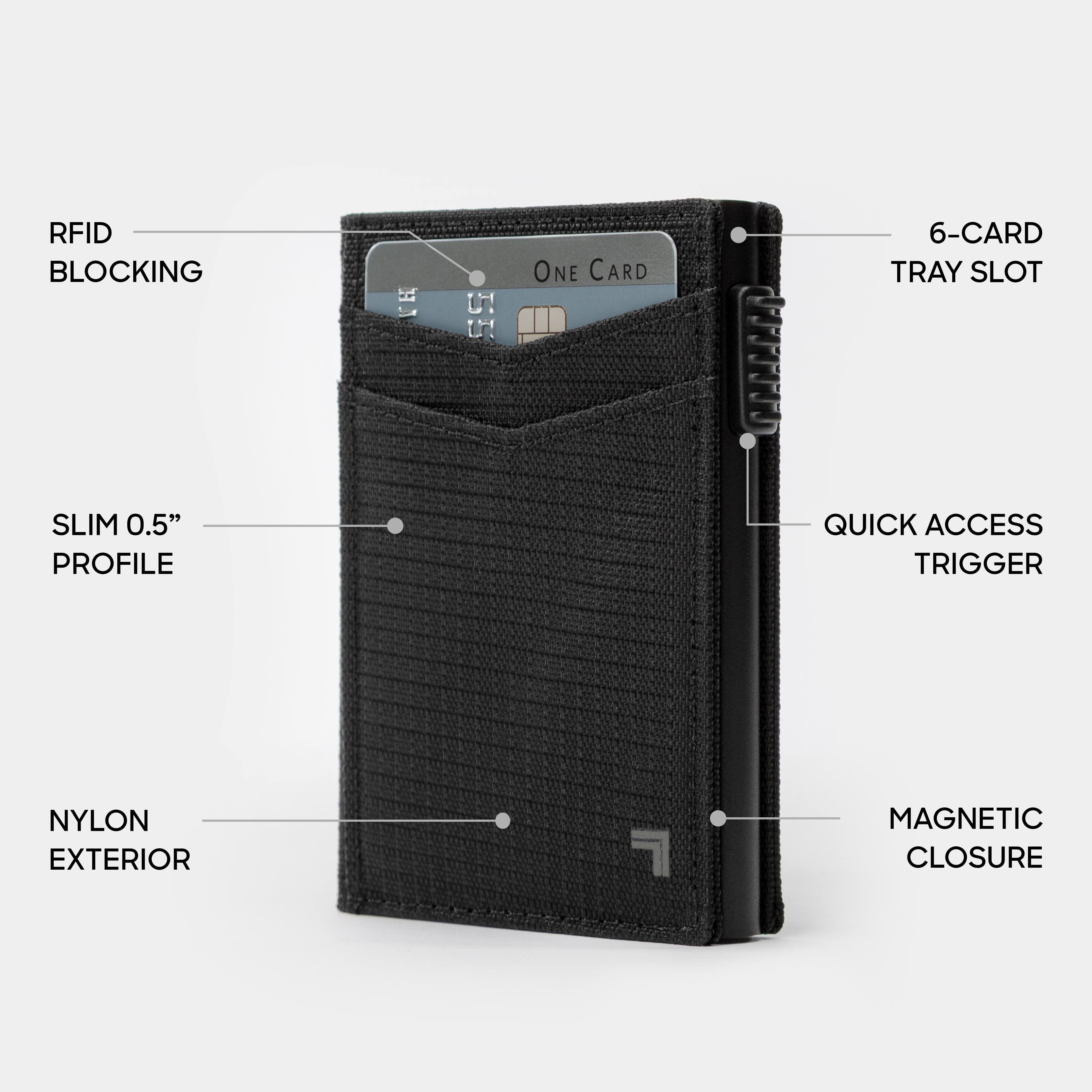 RFID BLOCKING  
6-CARD TRAY SLOT  
SLIM 0.5" PROFILE  
QUICK ACCESS TRIGGER  
NYLON EXTERIOR  
MAGNETIC CLOSURE