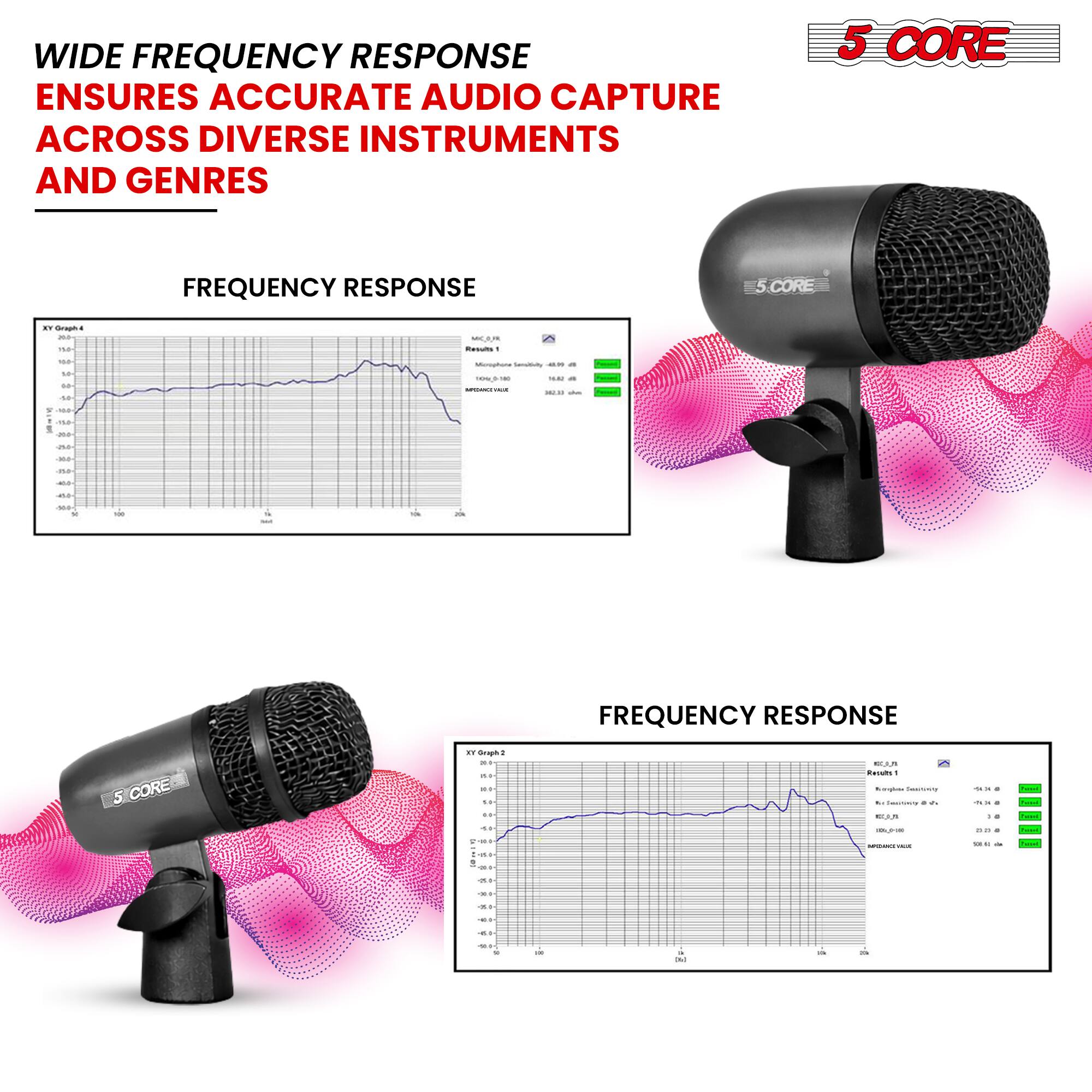 WIDE FREQUENCY RESPONSE  
ENSURES ACCURATE AUDIO CAPTURE ACROSS DIVERSE INSTRUMENTS AND GENRES  

FREQUENCY RESPONSE  

5 CORE  
CAPTURE MENTS  

FREQUENCY RESPONSE
