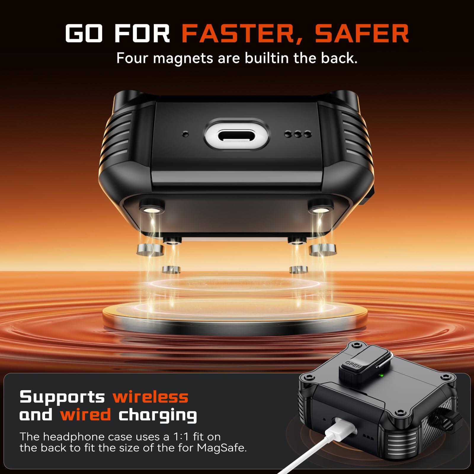GO FOR FASTER, SAFER

Four magnets are built-in the back.

GPEI Supports wireless and wired charging

The headphone case uses a 1:1 fit on the back to fit the size of the for MagSafe.