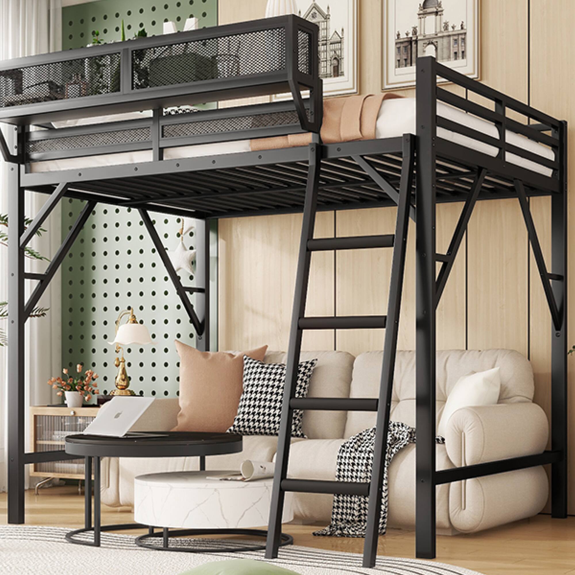 Alt View 4. GOODSILO - Queen Size Metal Loft Bed with Storage Shelves and Ladder for Kids and Teens - Black.