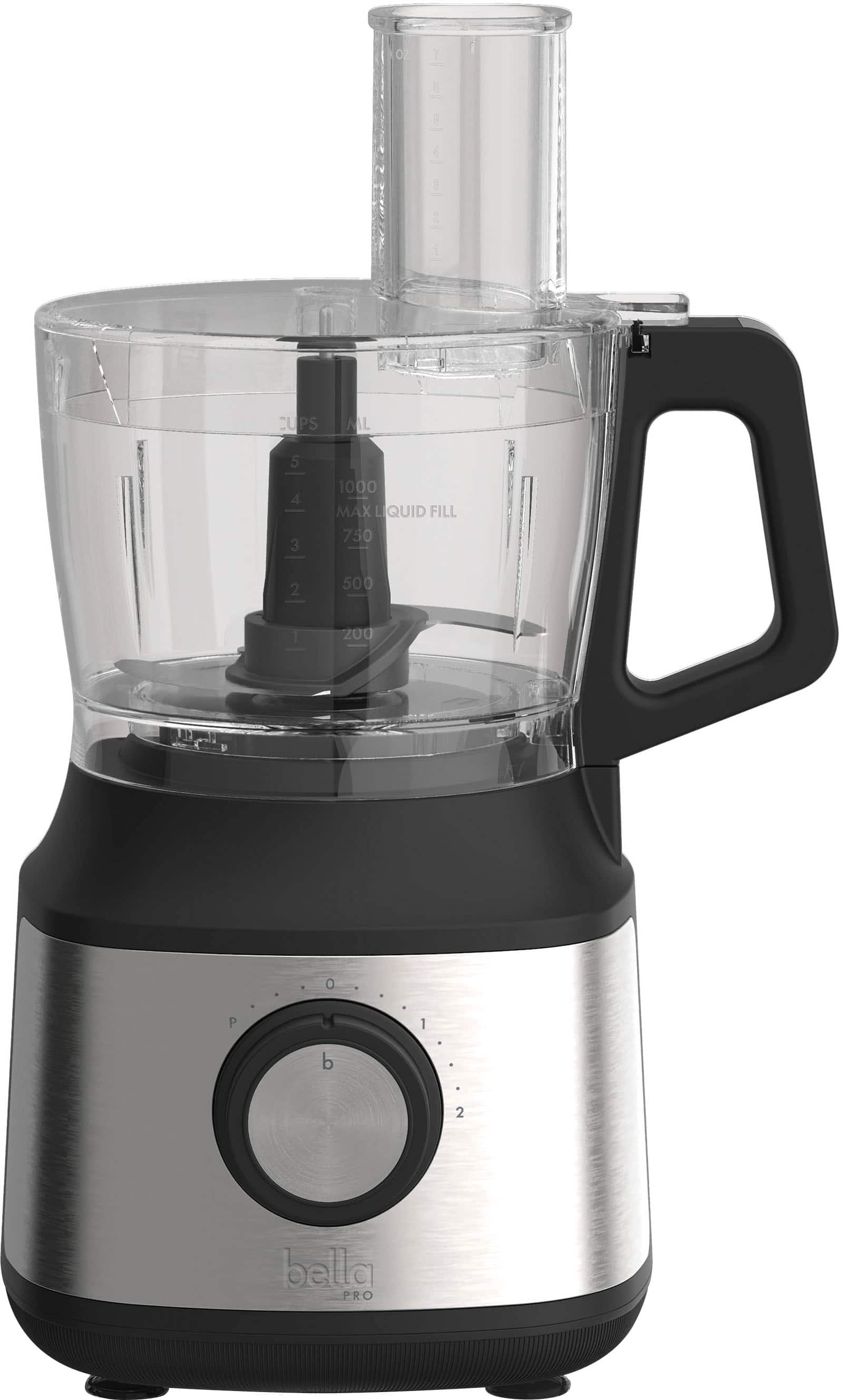 The image features a Bella Pro blender, which has a black and silver color scheme. The blender is filled with liquid and is ready to be used. It is a high-performance blender that can handle various tasks, such as blending, mixing, and pureeing. The blender is equipped with a powerful motor that can handle a wide range of ingredients, from ice and fruits to nuts and grains. It is suitable for both personal and commercial use, making it a versatile and reliable appliance for any kitchen.