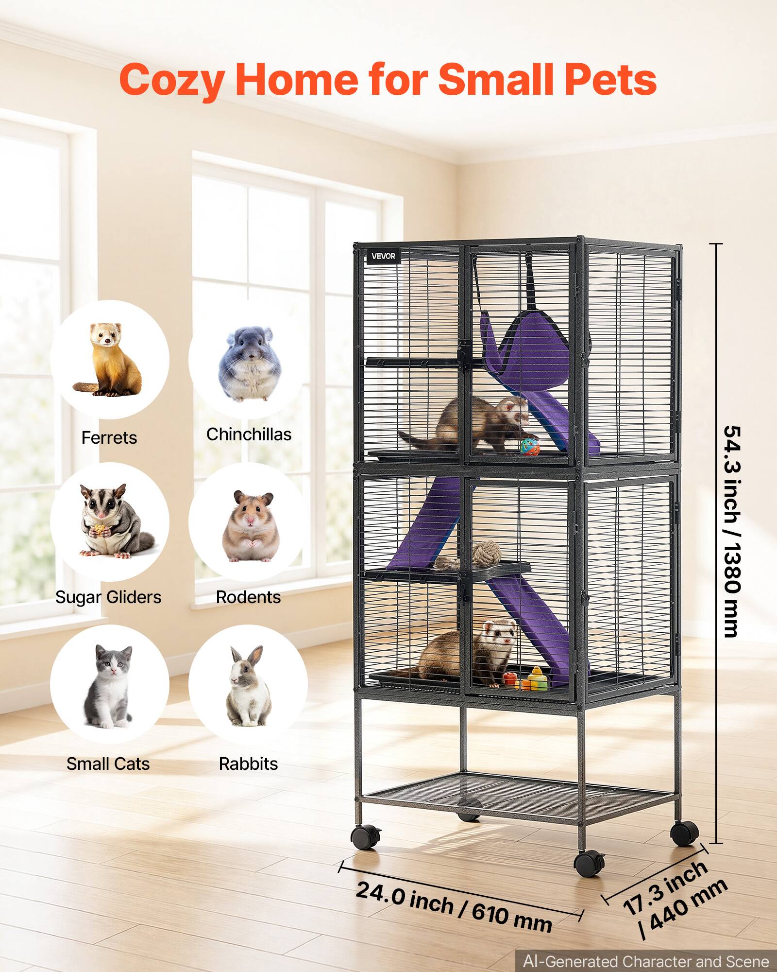 Cozy Home for Small Pets

VEVOR

Ferrets Sugar Gliders Small Cats
Chinchillas Rodents Rabbits

54.3 inch / 1380 mm
24.0 inch / 610 mm
17.3 inch / 440 mm

AI-Generated Character and Scene