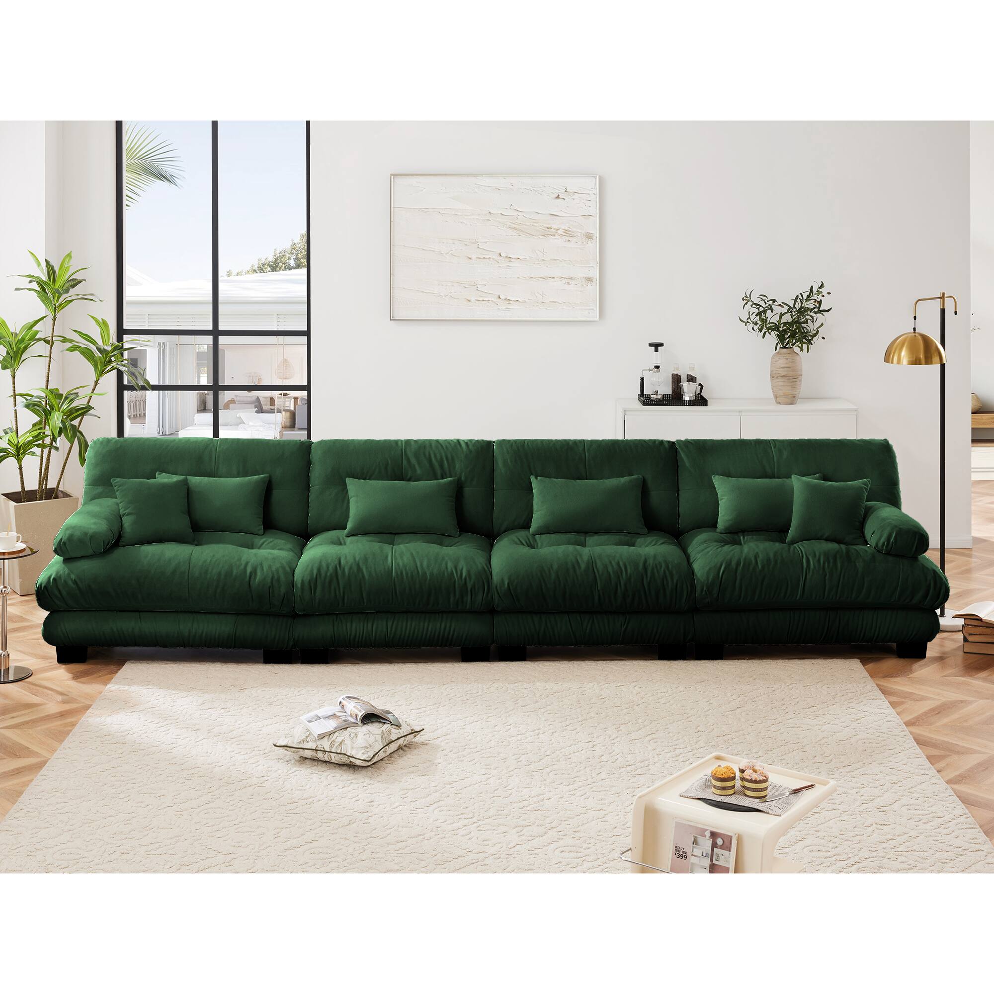 Left. Aukfa - 4-Seater Sectional Sofa - Modular Deep Seat Chenille Couch, Comfy Upholstered for Living Room & Apartment - Green.