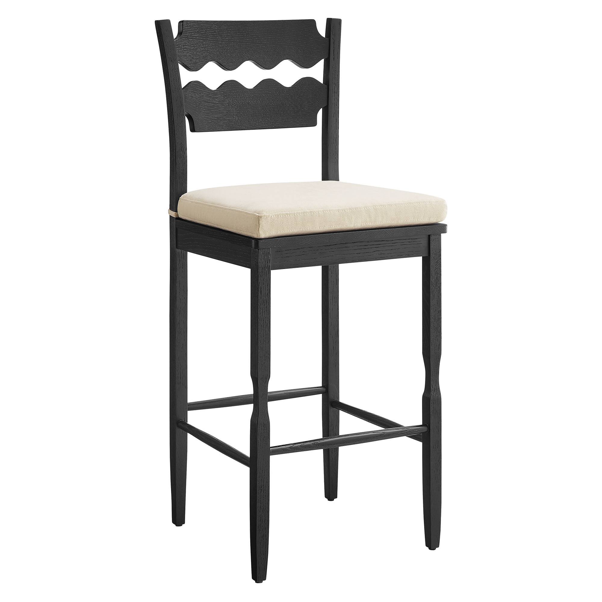 Angle. Modway - Jax Oak Wood Bar Stool With Wavy Razor Back and Cushion by Modway - Black Linen.