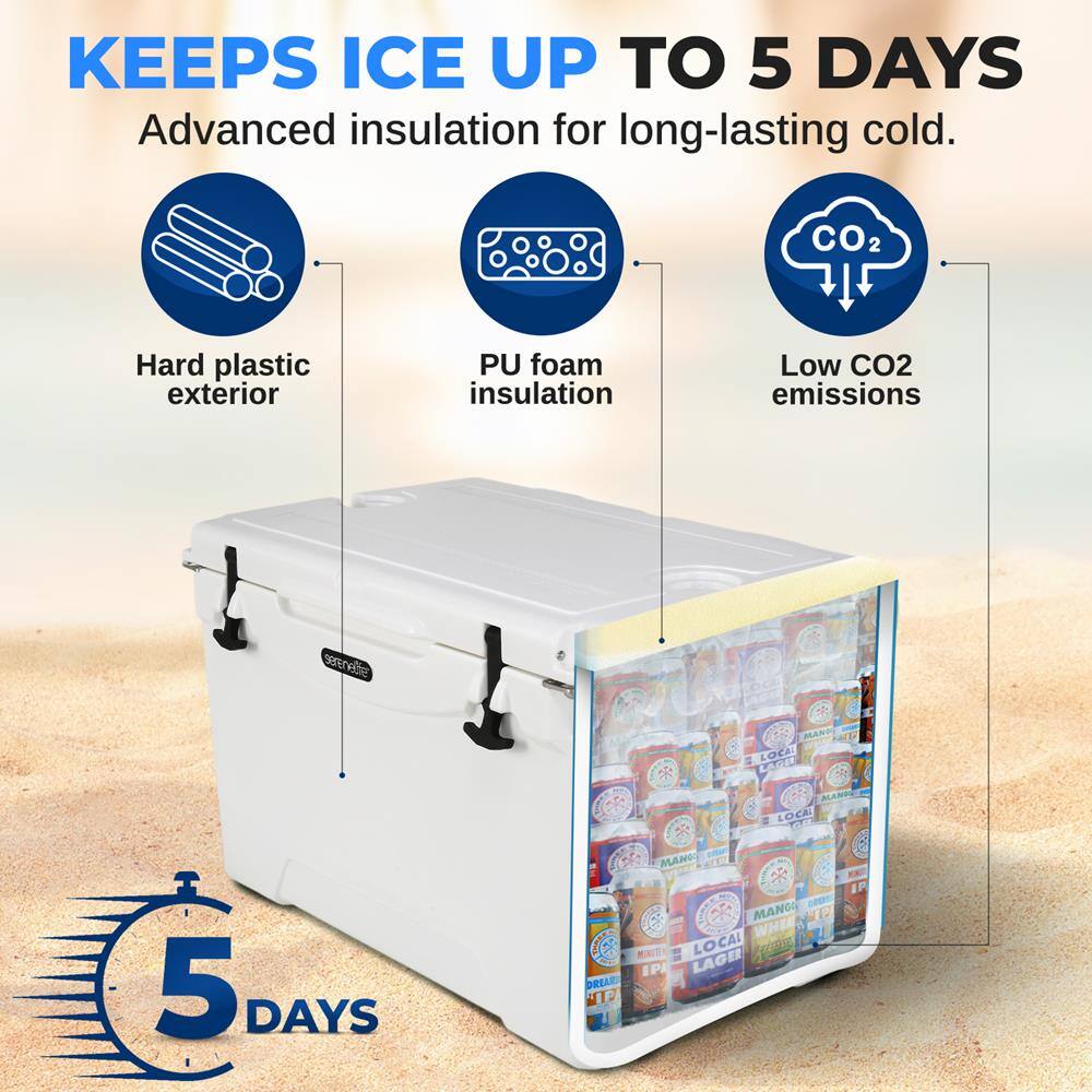 KEEPS ICE UP TO 5 DAYS  
Advanced insulation for long-lasting cold.  

- Hard plastic exterior  
- PU foam insulation  
- Low CO2 emissions