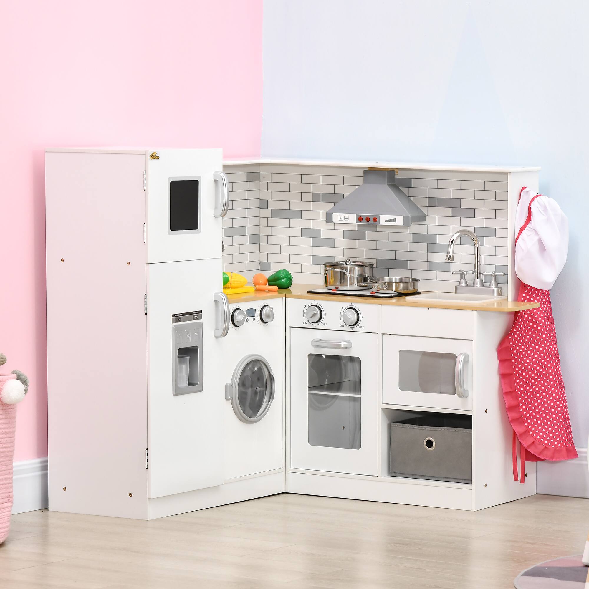 Alt View 1. Ecooso - Corner Pretend Play Kitchen Set with Sound Effects, Wooden Kids Kitchen with Washer, Ice Maker, and Food Toys - White.