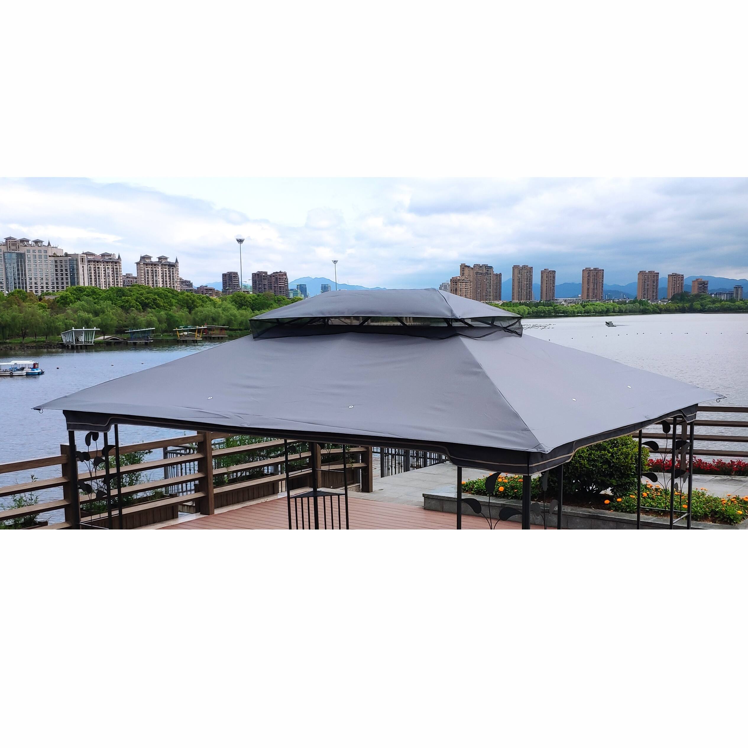 Angle. APRILSOUL - 13x10 Ft Patio Double Roof Gazebo Replacement Canopy Top Fabric Gray.