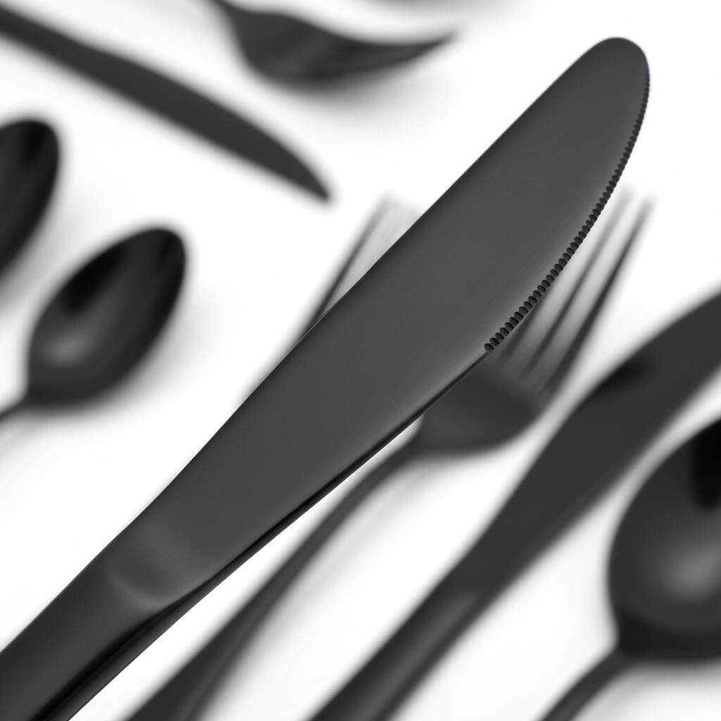 Back. Dazzed Corner - 24-Piece Stainless Flatware Cutlery Silverware, Fork Spoon Knife, Service for 4 - Black.