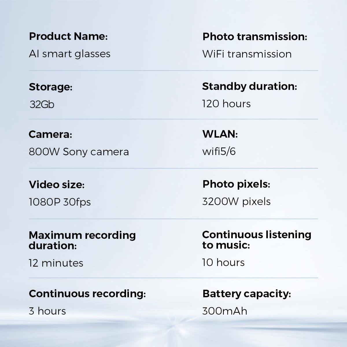 Product Name: AI smart glasses  
Photo transmission: WiFi transmission  

Storage: 32Gb  
Standby duration: 120 hours  

Camera: 800W Sony camera  
WLAN: wifi5/6  

Video size: 1080P 30fps  
Photo pixels: 3200W pixels  

Maximum recording duration: 12 minutes  
Continuous listening to music: 10 hours  

Continuous recording: 3 hours  
Battery capacity: 300mAh
