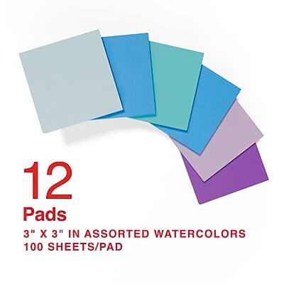 12 Pads  
3" x 3" in Assorted Watercolors  
100 Sheets/Pad