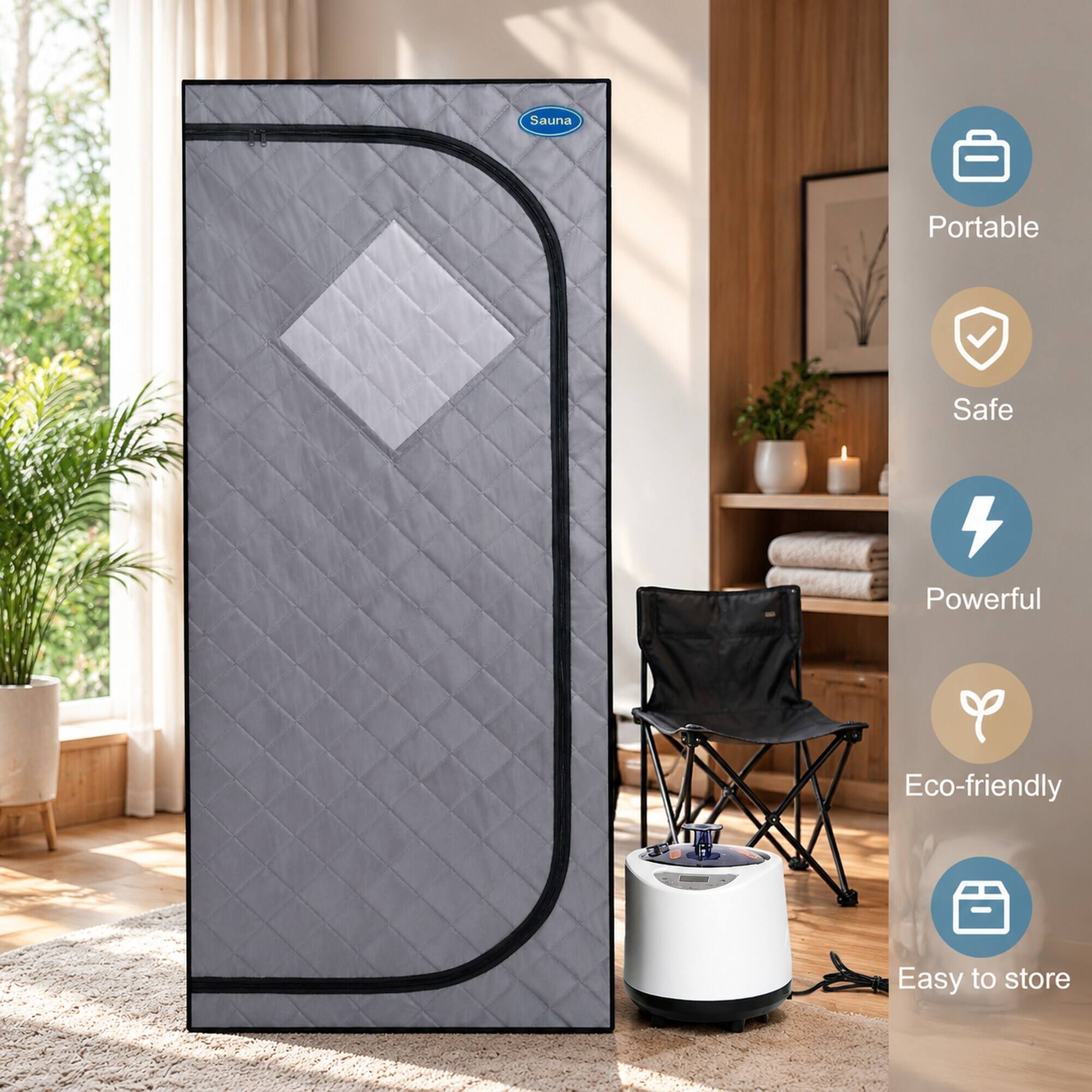 Sauna  
Portable  
Safe  
Powerful  
Eco-friendly  
Easy to store