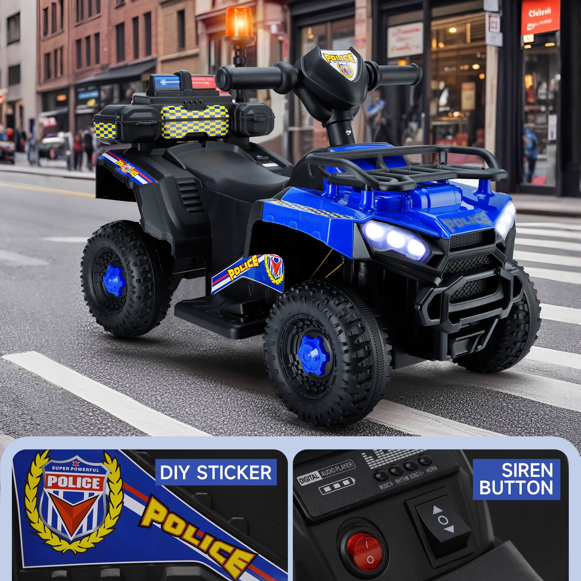 - Cletre
- POLICE
- SUPER POWERFUL AUDIOPLAYER
- DIY STICKER
- SIREN BUTTON
- DIGITAL AUDIOPLAYER
- MODEL: R1700 300W MOTOR