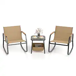 Costway - 3 Piece Rocking Bistro Set with Storage Bag PS Armrests & Tabletop Metal Frame - Brown
