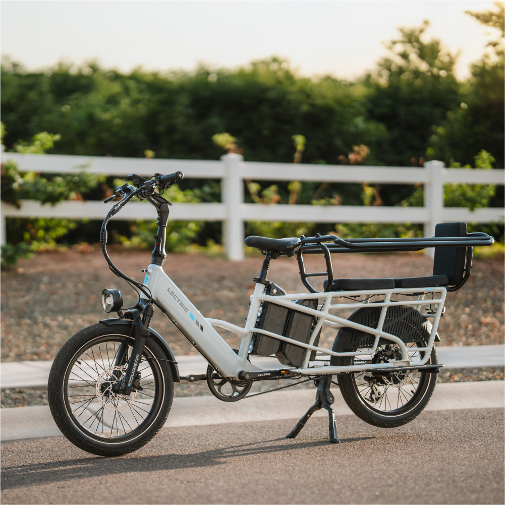 The image features a small electric vehicle, likely a motorcycle or scooter, parked on the side of a road. The vehicle is equipped with a trailer or cart attached to it, which is designed to carry cargo or passengers. The scene is set in a rural area, with a fence visible in the background. The electric vehicle is parked in front of the fence, and the trailer is attached to the back of the vehicle.