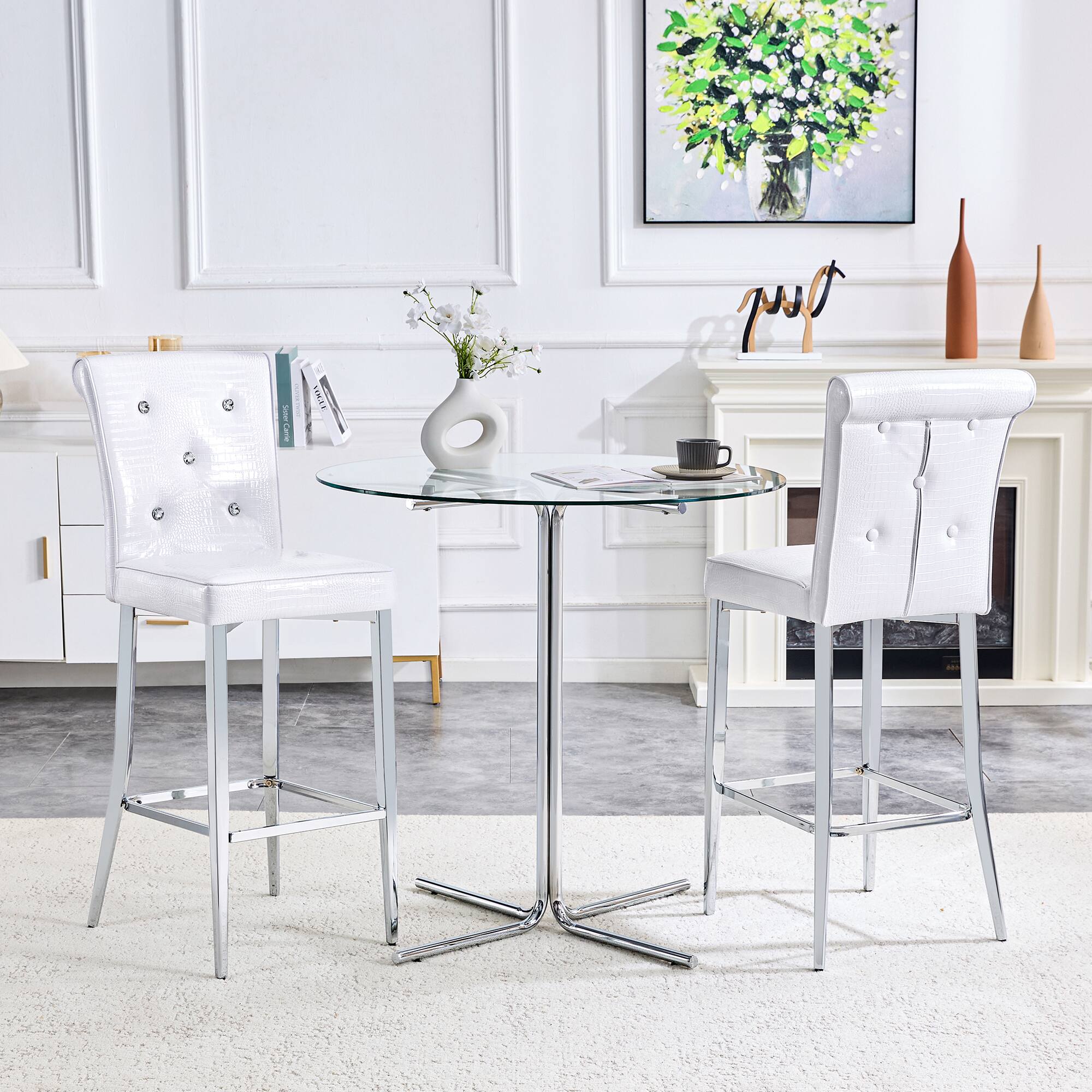 Angle. Loheer - Set of 2 Crocodile Texture Bar Chairs 21.3x17x45 in - White.
