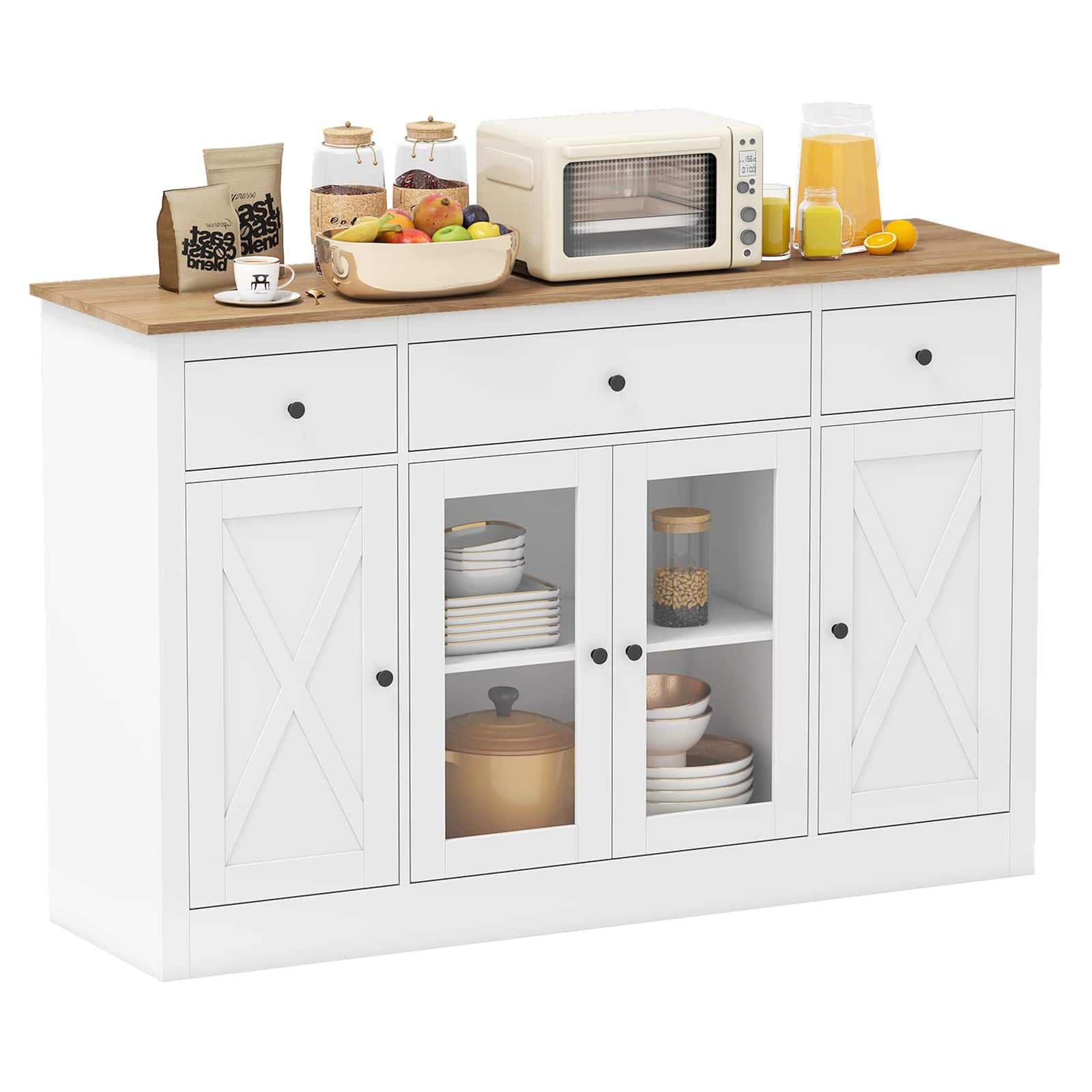 Gymax - 55'' Large Buffet Sideboard w/ 3 Drawers 2 See-through Doors Adjustable Shelves - White, Natural