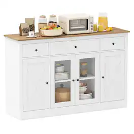 Gymax - 55'' Large Buffet Sideboard w/ 3 Drawers 2 See-through Doors Adjustable Shelves - White, Natural