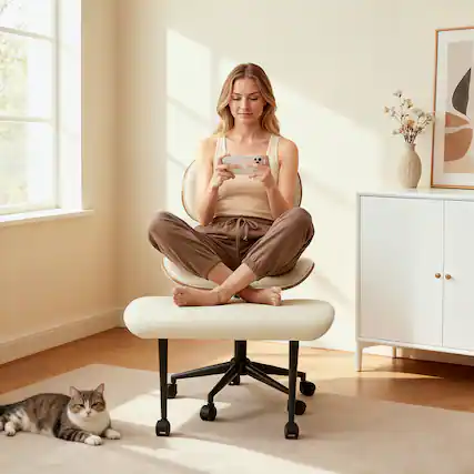Front. Bestier - Ergonomic Cross-Legged Office Chair, 360° Swivel Adjustable Height & Faux Leather for Meditation, Yoga & Office - WHITE.