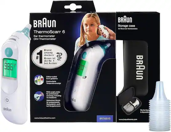 Braun ThermoScan 6 Ear Thermometer Ohr-Thermometer Braun Storage case for Braun ear thermometers TD 986 F Braun Brand among doctors' # 1 Braun ist die Nr. 1 bei Arzten Colour-coded fever guidance Farbkodierte Temperaturanzeige Wide-angle probe for professional accuracy, including on newborns Weitwinkel-Sonde für professionelle Genauigkeit, auch bei Neugeborenen Fits the therm & disposable www.brauntherms.com IRT6515