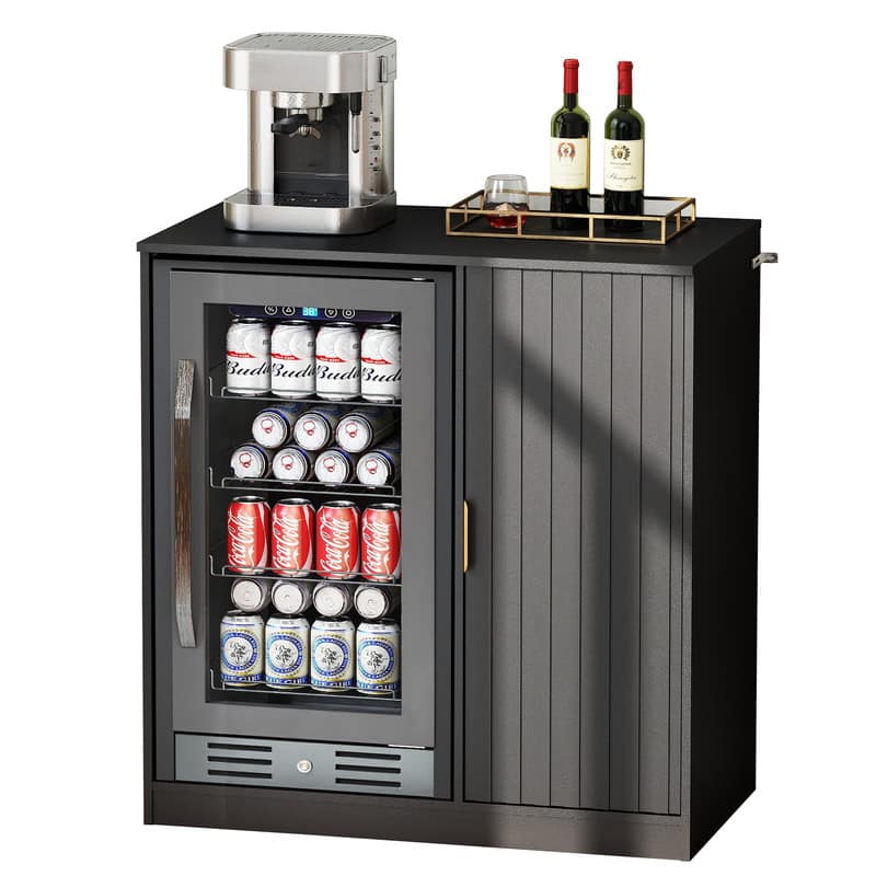 Skyzoo - Coffee Bar Cabinet with Mini Fridge Space, Fluted Home Bar Storage, Snack Cabinet for Home & Office - Black