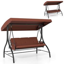 Costway - 3-Seat Patio Swing with Canopy with Removable Cushions & Side Pockets Stand - Brown