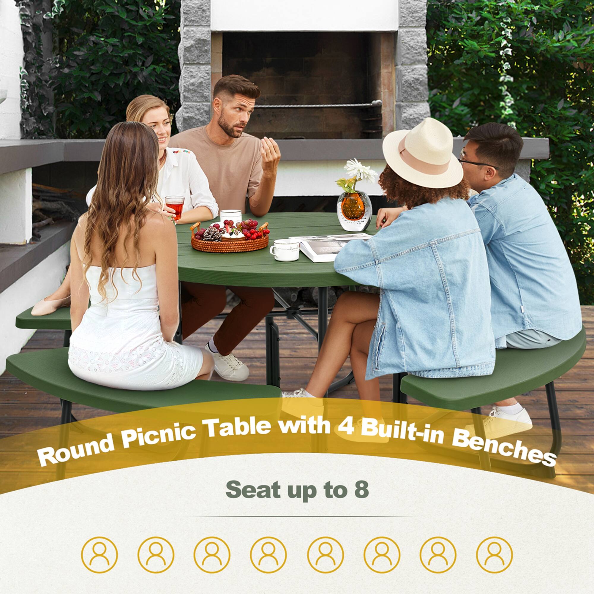 Round Picnic Table with 4 Built-in Benches Seat up to 8
