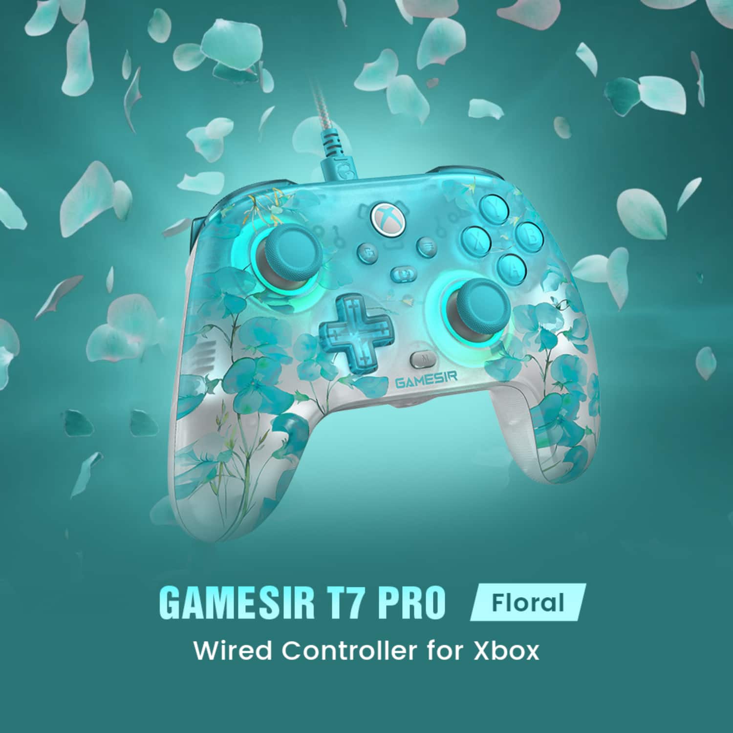 The image features a close-up of a GameSir T7 Pro Floral Wired Controller for Xbox. The controller has a blue and white color scheme, with a floral design on the front. The controller is designed to be used with the Xbox gaming system and is wired for optimal performance.
