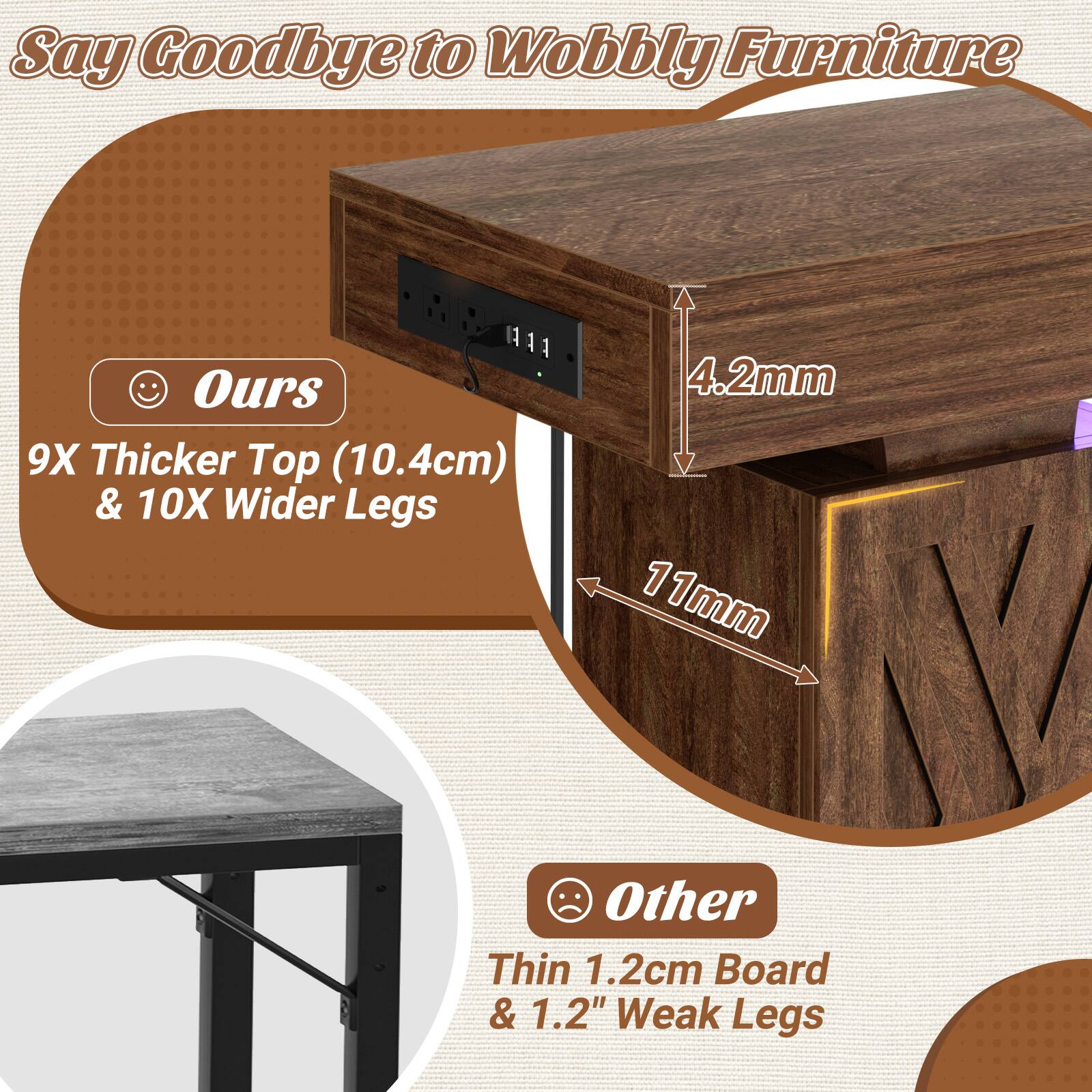 Say Goodbye to Wobbly Furniture

Ours
4.2mm 9X Thicker Top (10.4cm) & 10X Wider Legs 11mm

Other
Thin 1.2cm Board & 1.2" Weak Legs