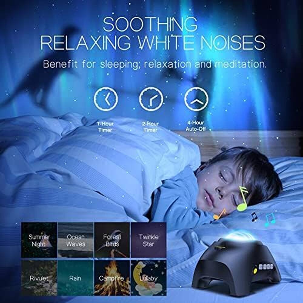 SOOTHING RELAXING WHITE NOISES  
Benefit for sleeping; relaxation and meditation.  

1-Hour Timer  
2-Hour Timer  
4-Hour Auto-Off  

Summer Night  
Ocean Waves  
Forest Birds  
Twinkle Star  
Rivulet  
Rain  
Campfire  
Lullaby