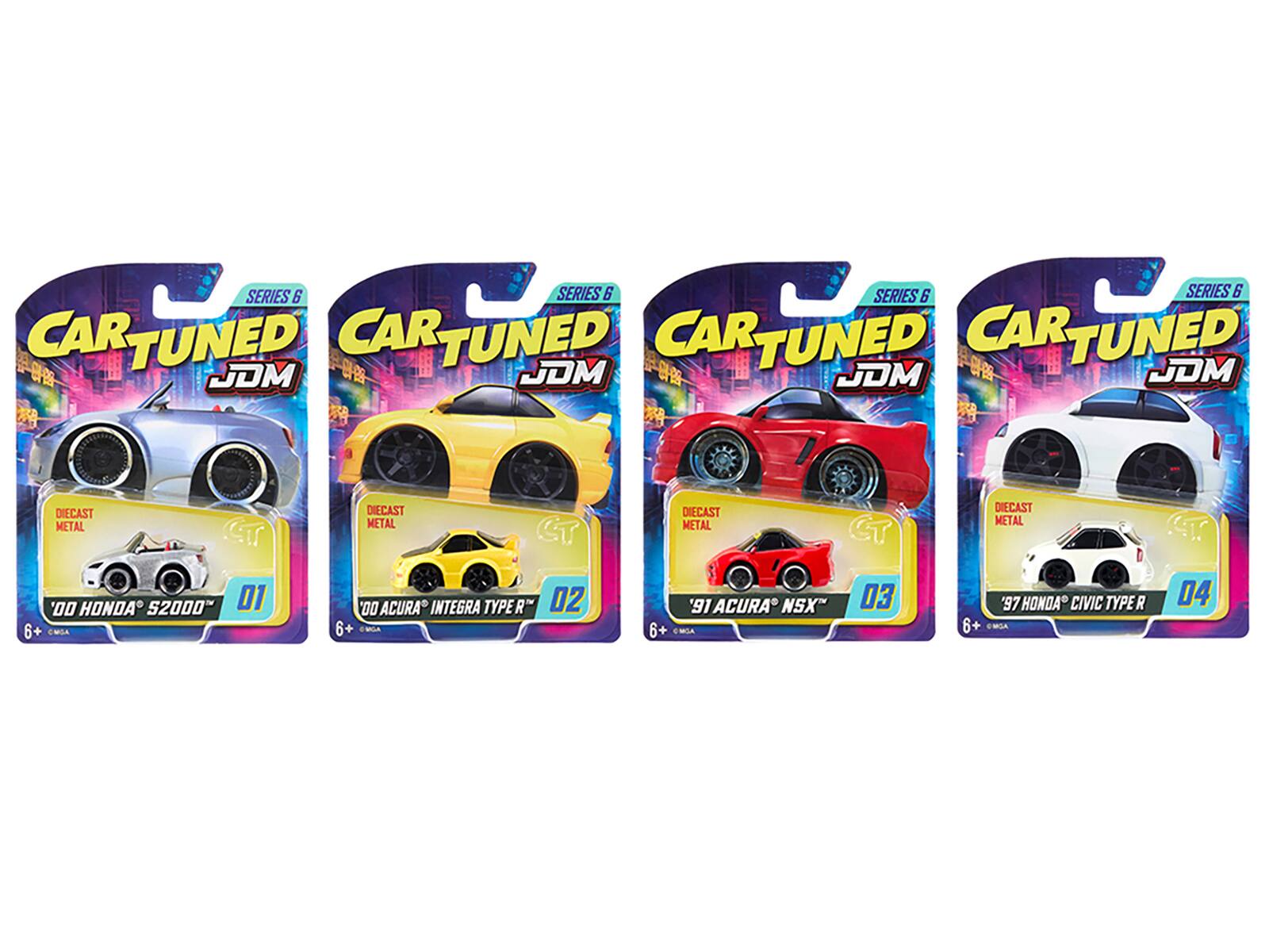 SERIES 6  
CAR TUNED JDM  
DIECAST METAL '00 HONDA S2000 01  
DIECAST METAL CT '00 ACURA INTEGRA TYPE R 02  
DIECAST METAL '91 ACURA NSX 03  
DIECAST METAL '97 HONDA CIVIC TYPE R 04