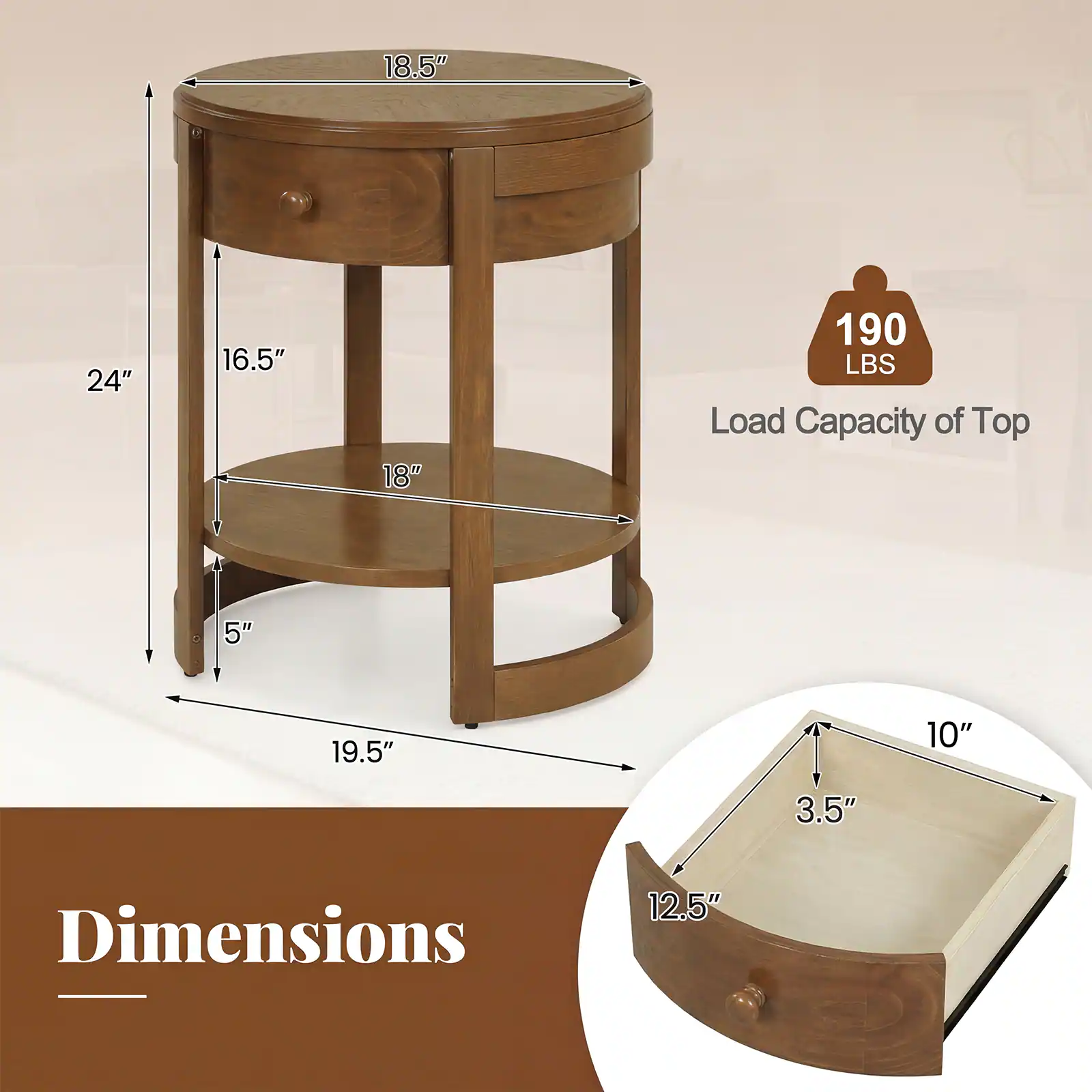 18.5" 24" 16.5" 18" 190 LBS Load Capacity of Top 5" 19.5" 10" 3.5" Dimensions 12.5"